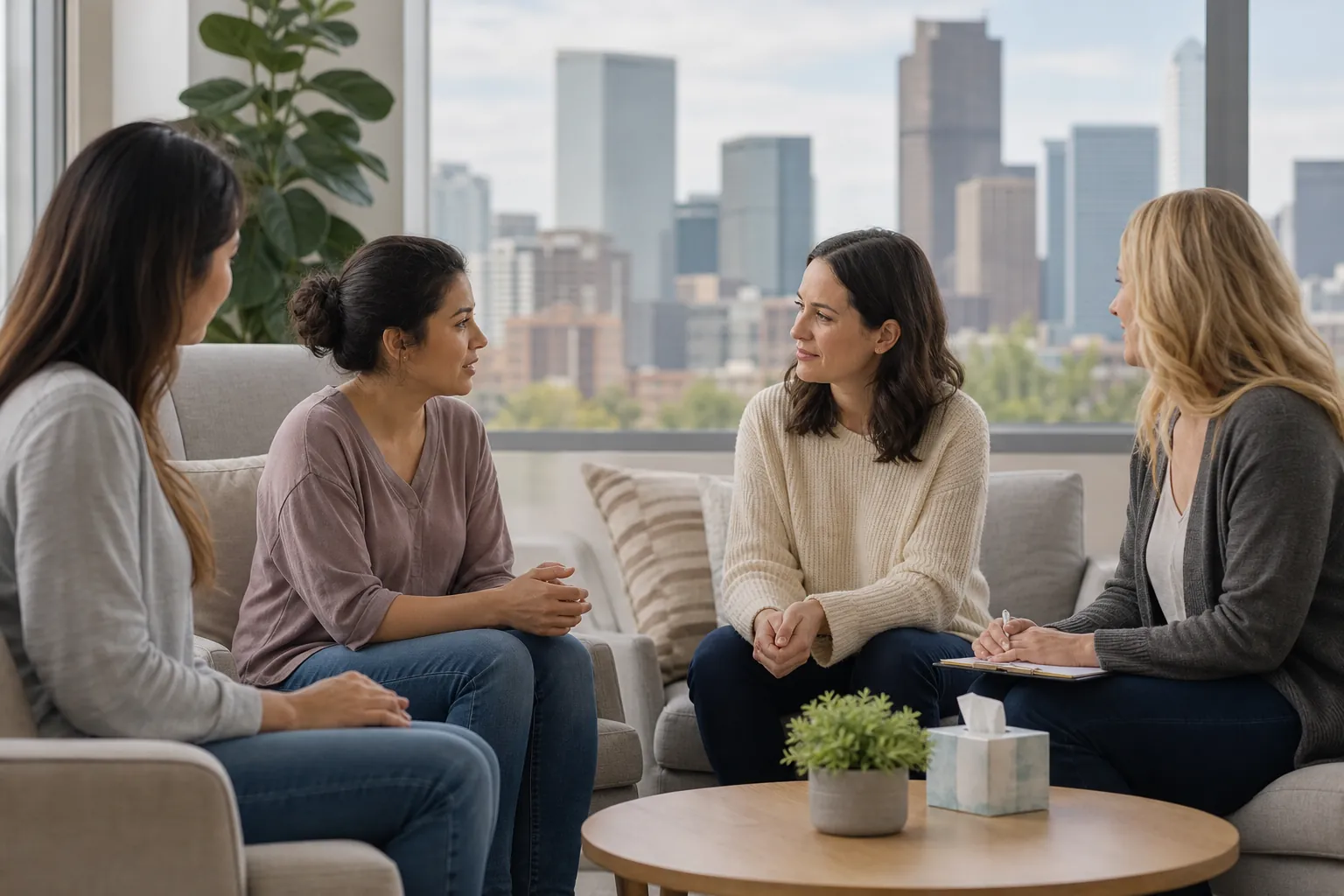 Four women sit in a counseling circle beside large windows with city views, one holding a pen over a notebook.