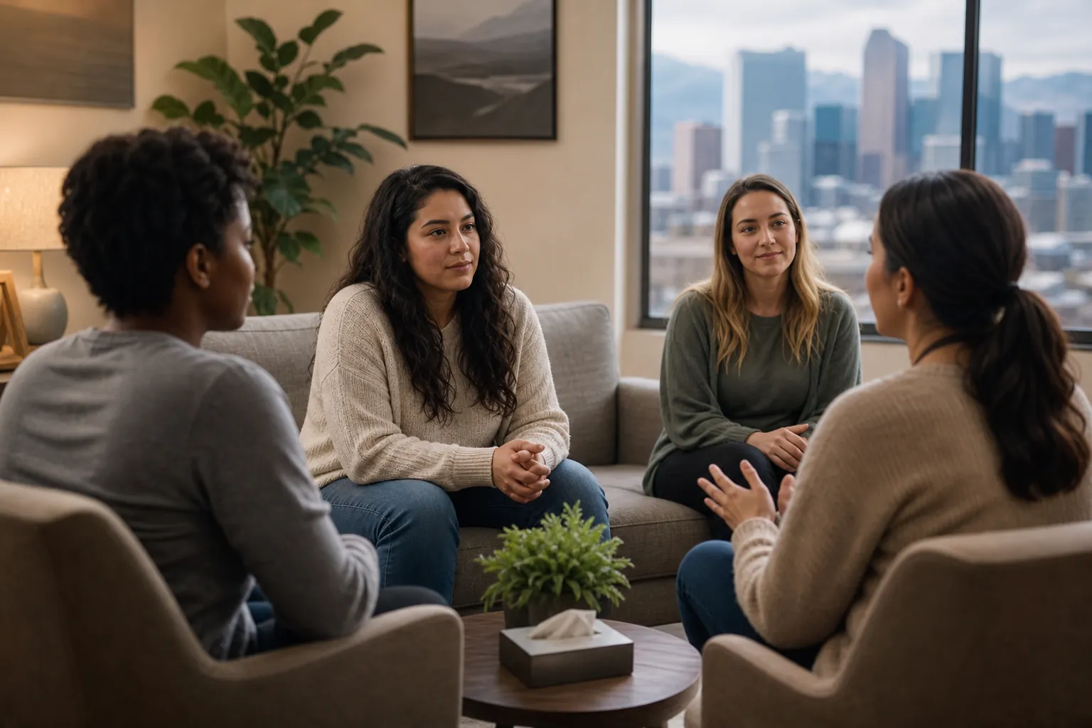 Four women sit in a circle during a group discussion in a cozy room with plants and a city skyline outside.