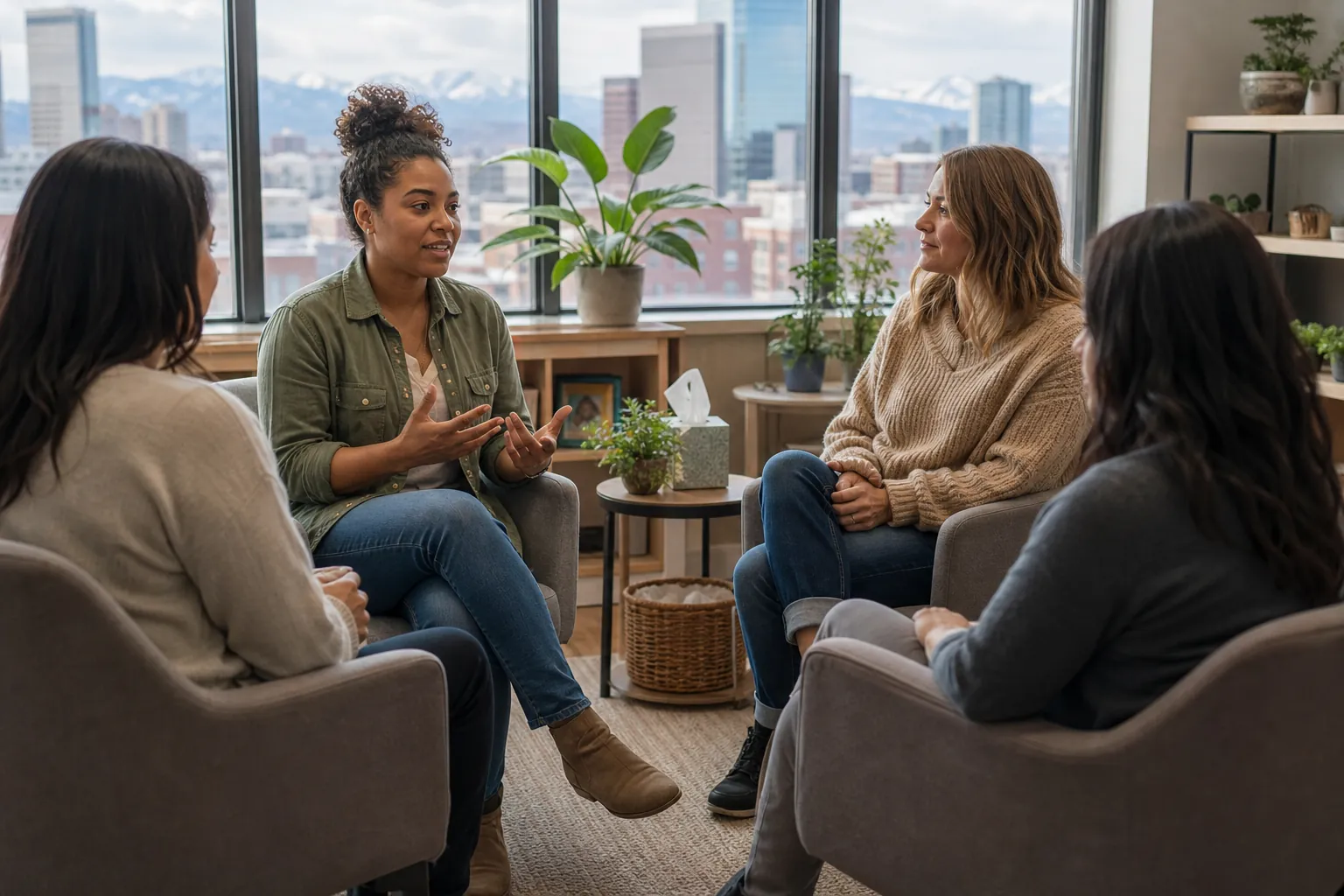 Four women sit in armchairs in a bright office, one gesturing during a group discussion with city and mountain views behind them.