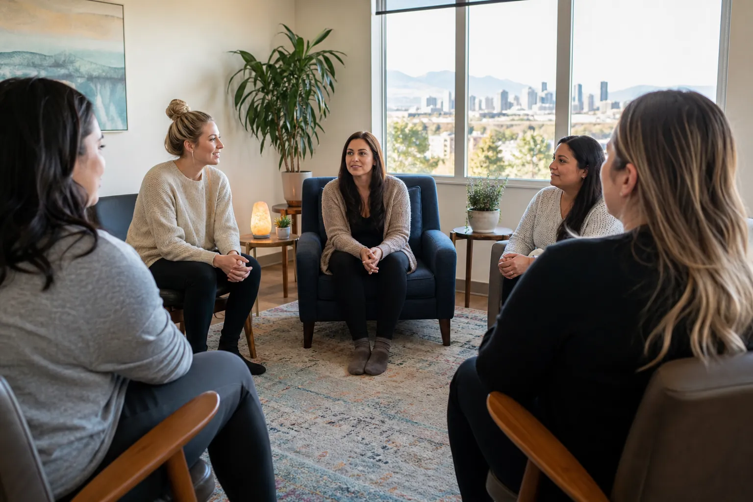 Five women sit in a circle in a bright counseling room with plants and large windows overlooking a city and mountains.