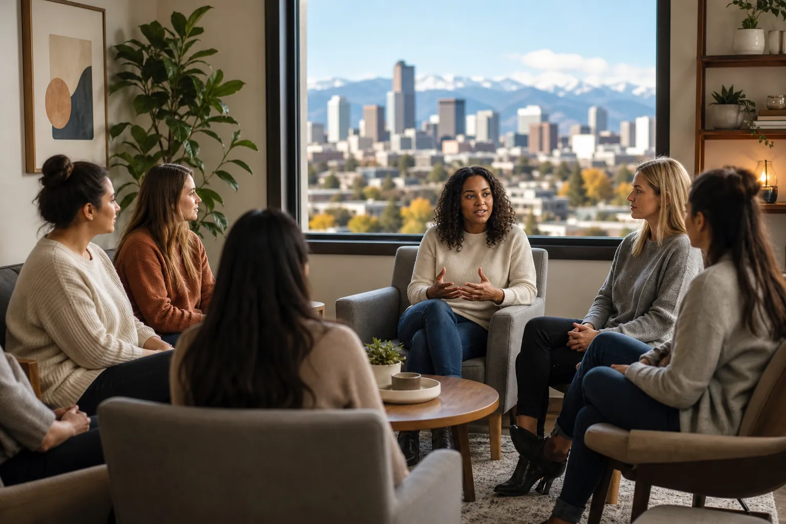 Women sit in a circle during a group discussion in a bright room overlooking Denver's skyline and distant mountains.
