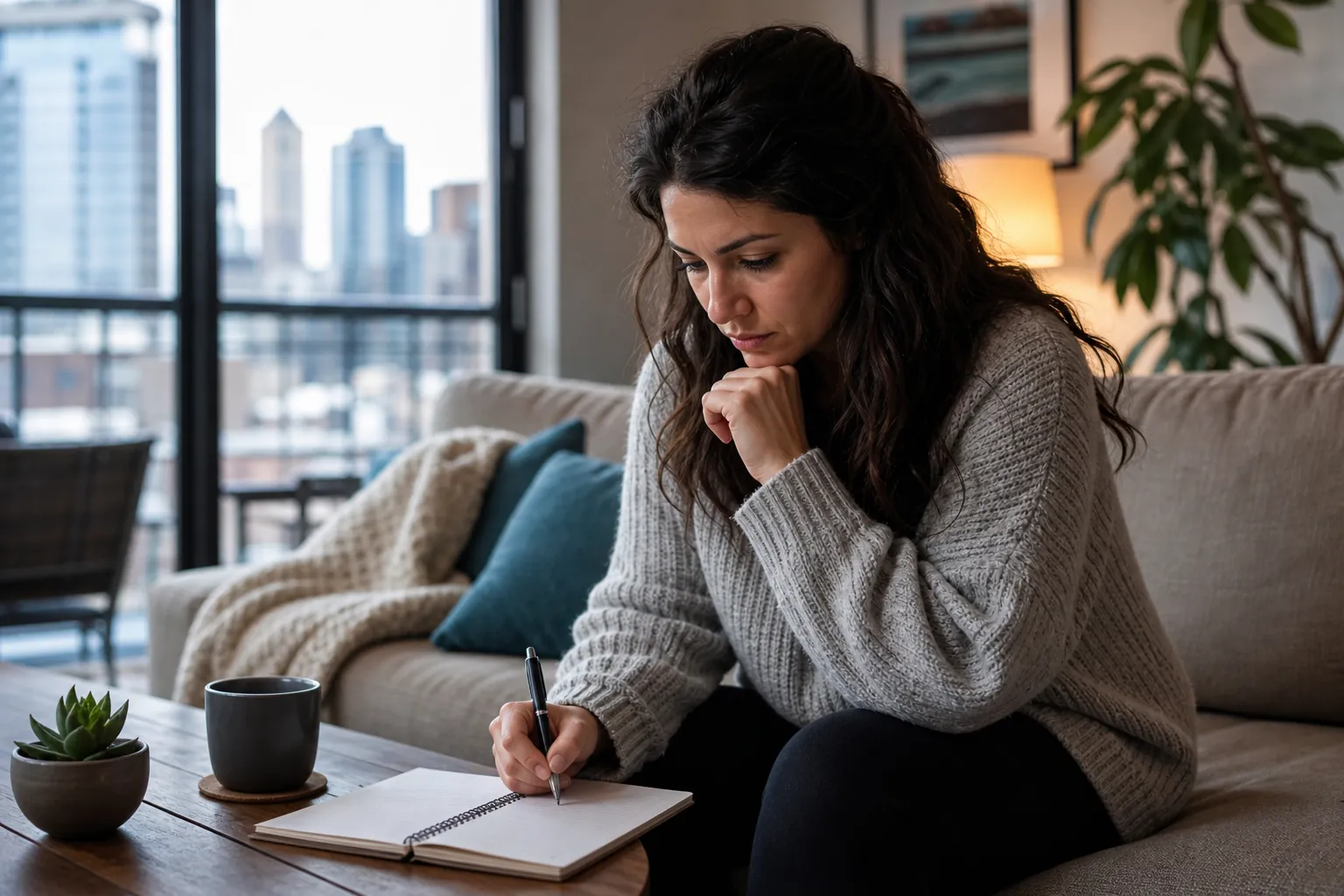 A woman in a gray sweater sits on a sofa, resting her chin on one hand while writing in a notebook on a coffee table.
