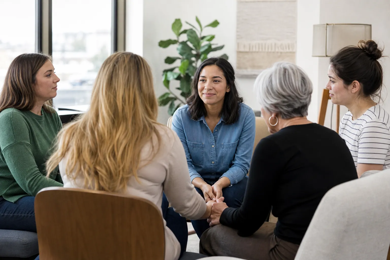 Women Sharing a Supportive Group Conversation Five women sit in a close circle in a bright room, with two holding hands during a supportive group conversation.