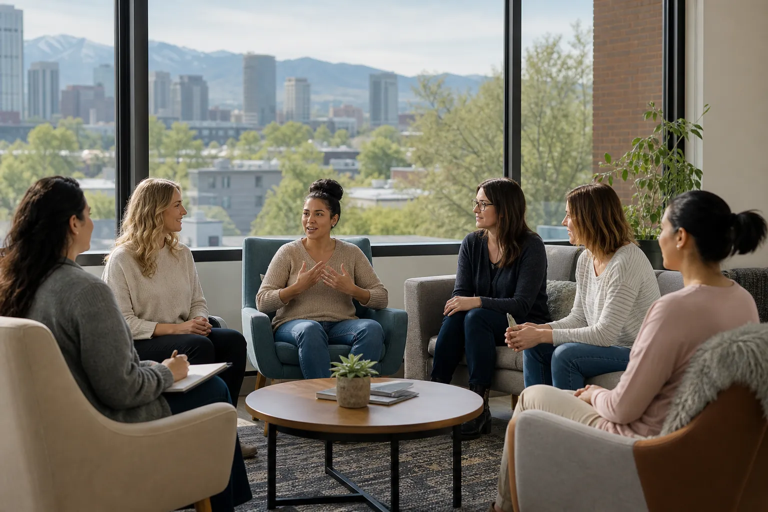 Women in a Group Discussion in a Bright Lounge Six women sit in a circle during a group discussion in a bright lounge overlooking a city skyline and mountains.