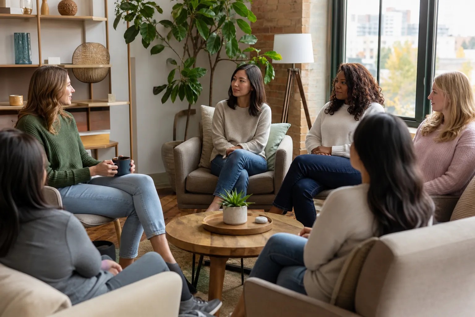 Women Gather for a Supportive Group Discussion Six women sit in a circle around a wooden coffee table in a bright, plant-filled room, appearing to share a group discussion.
