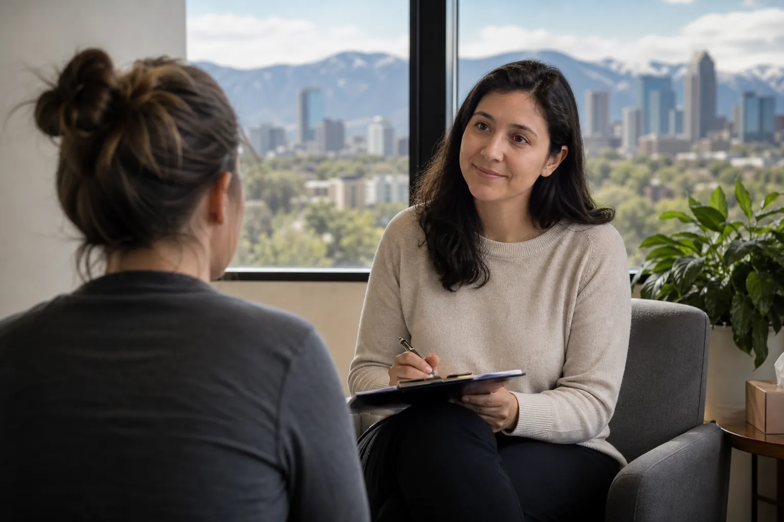 Women Meeting in an Office With Mountain Views Two women meet in an office, one holding a pen and clipboard, with a city skyline and mountains visible through the window.