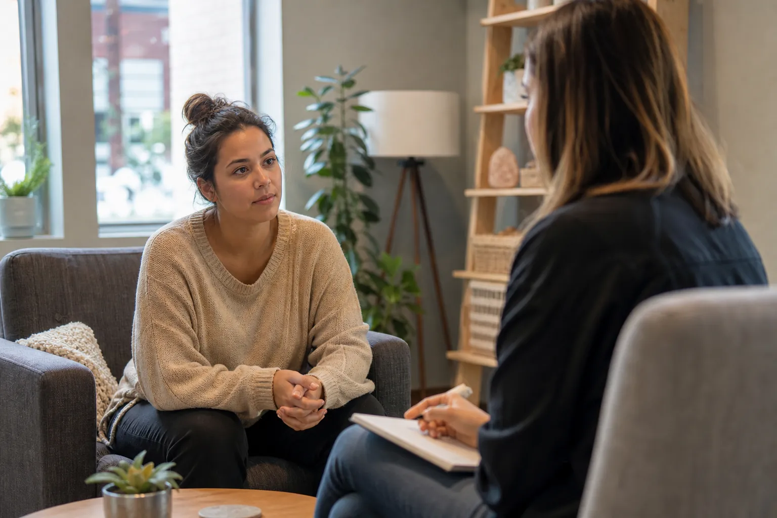 Two Women Talking During an Office Consultation A woman in a beige sweater sits with clasped hands, facing another woman holding a pen over a notebook in a cozy office.