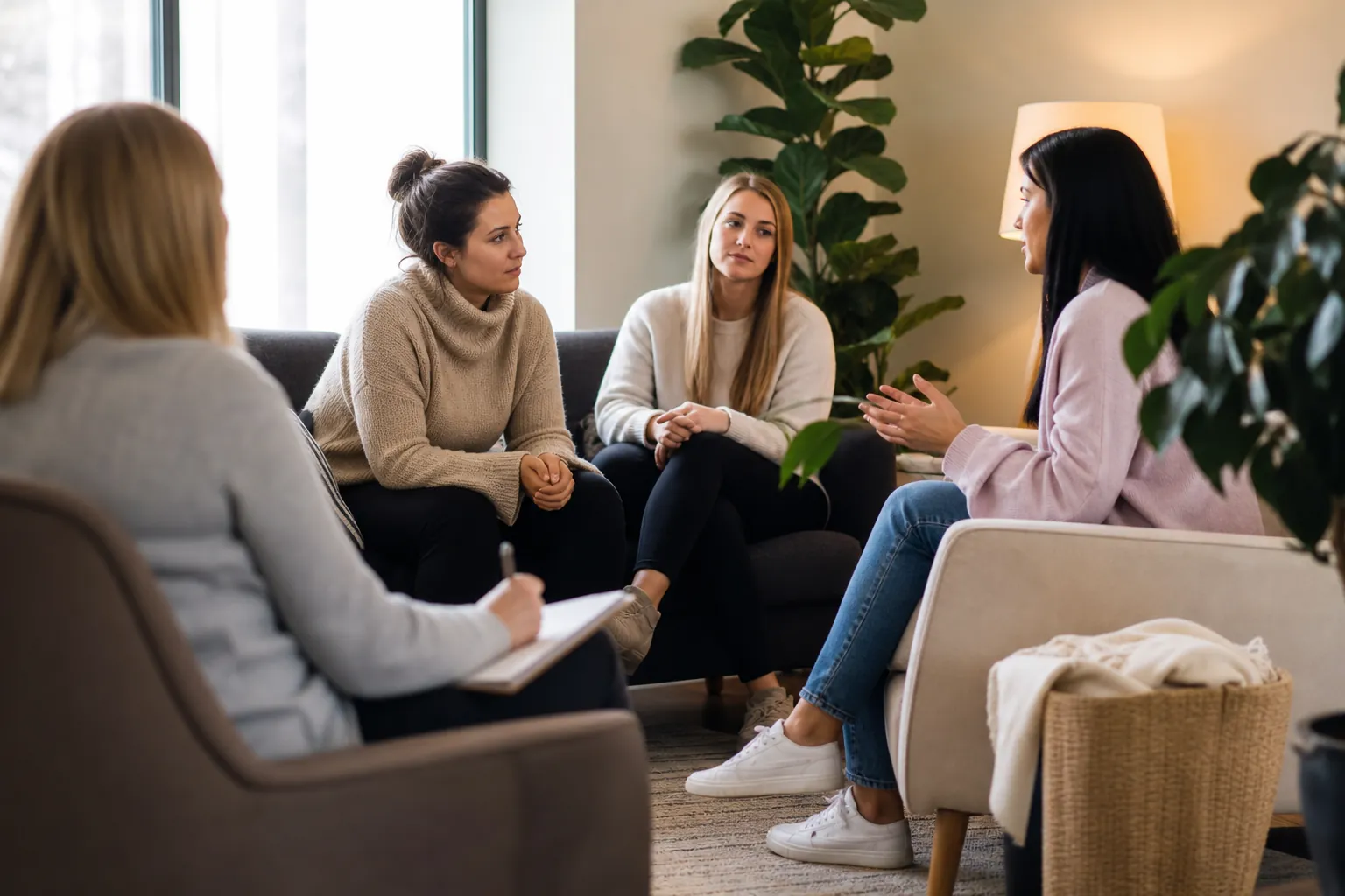 Women Taking Part in a Supportive Group Discussion Four women sit in a comfortable room for a group discussion, with one holding a notepad while another gestures as she speaks.