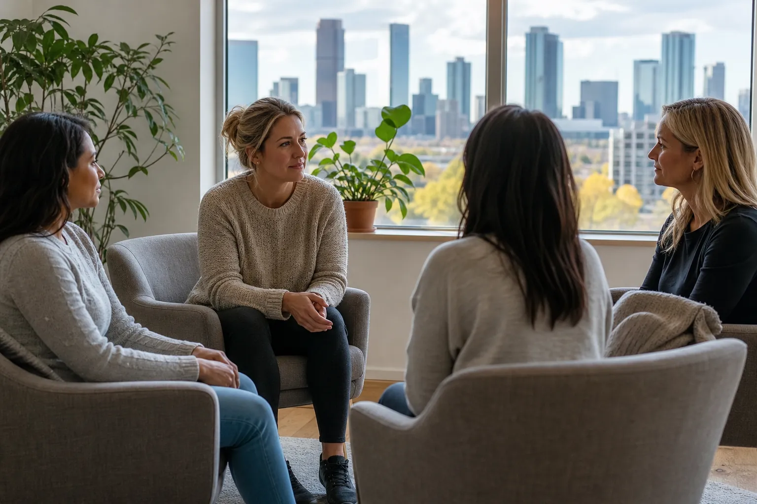 Women Seated in a Support Group Discussion Four women sit in upholstered chairs in a discussion circle, with potted plants and a city skyline beyond large windows.