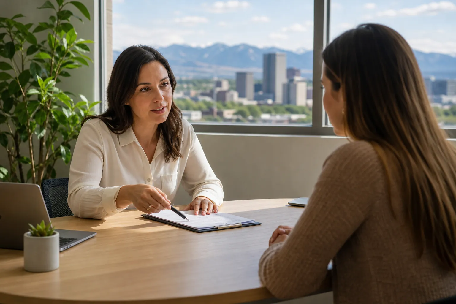 Two Women Reviewing Paperwork in a Mountain-View Office Two women discuss paperwork across an office desk, with a laptop nearby and a city skyline and mountains outside the window.