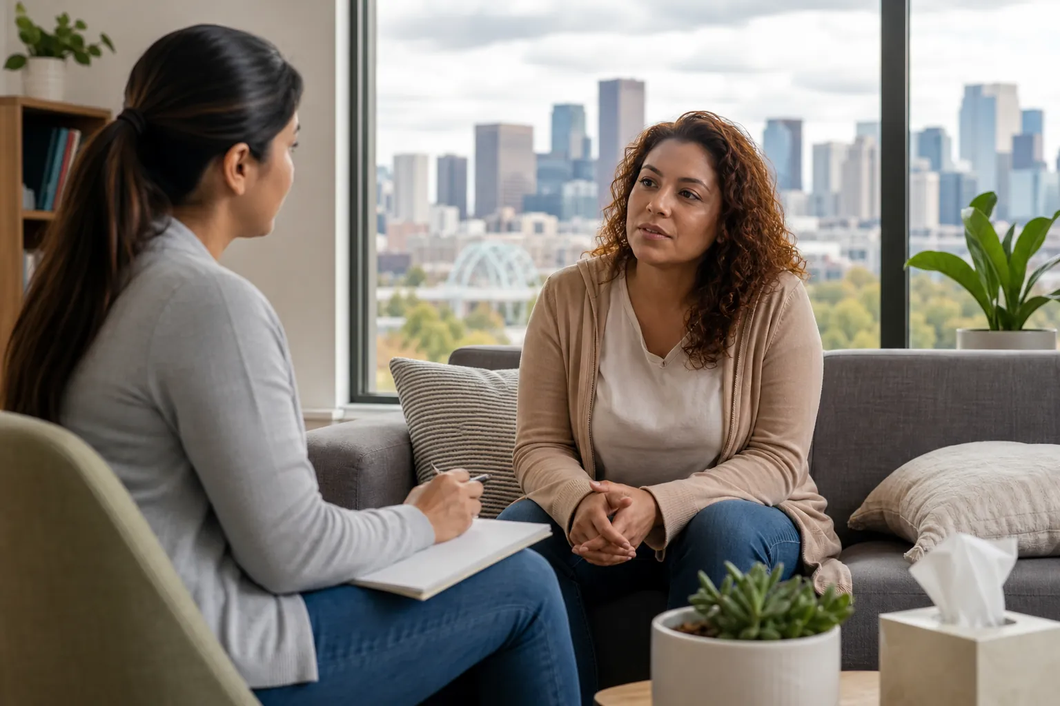 Two Women in a Counseling Conversation Two women sit facing each other in an office, one holding a notebook, with a city skyline visible through large windows.