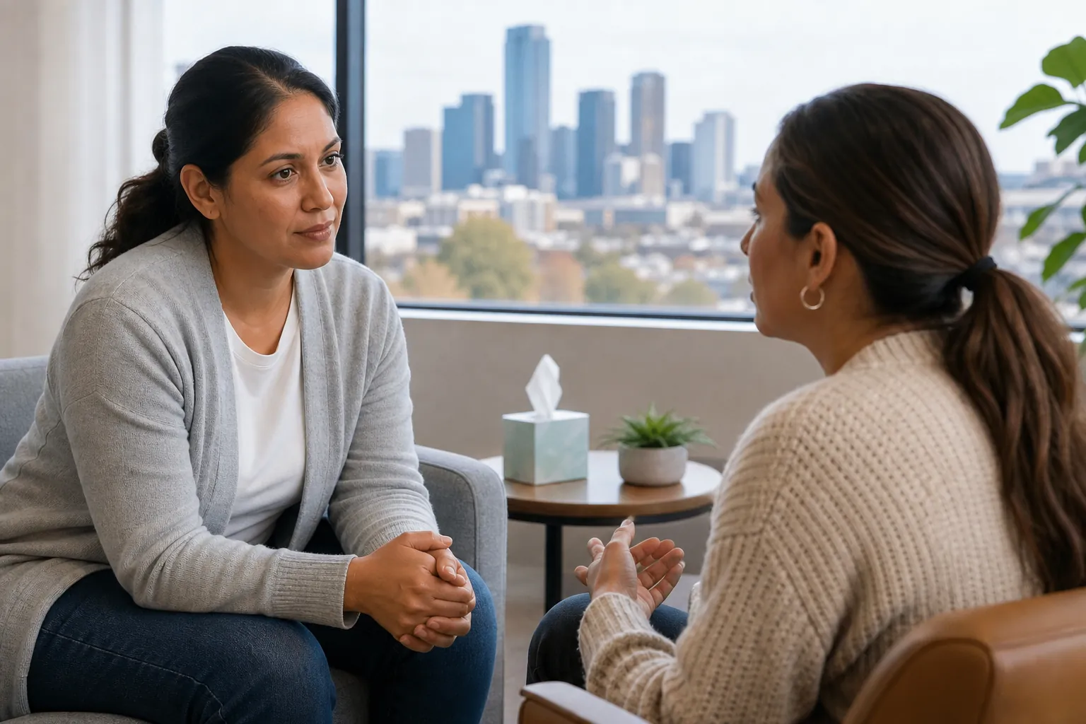 Two Women in an Office Counseling Conversation Two women sit facing each other in an office, one listening as the other gestures, with a city skyline behind them.