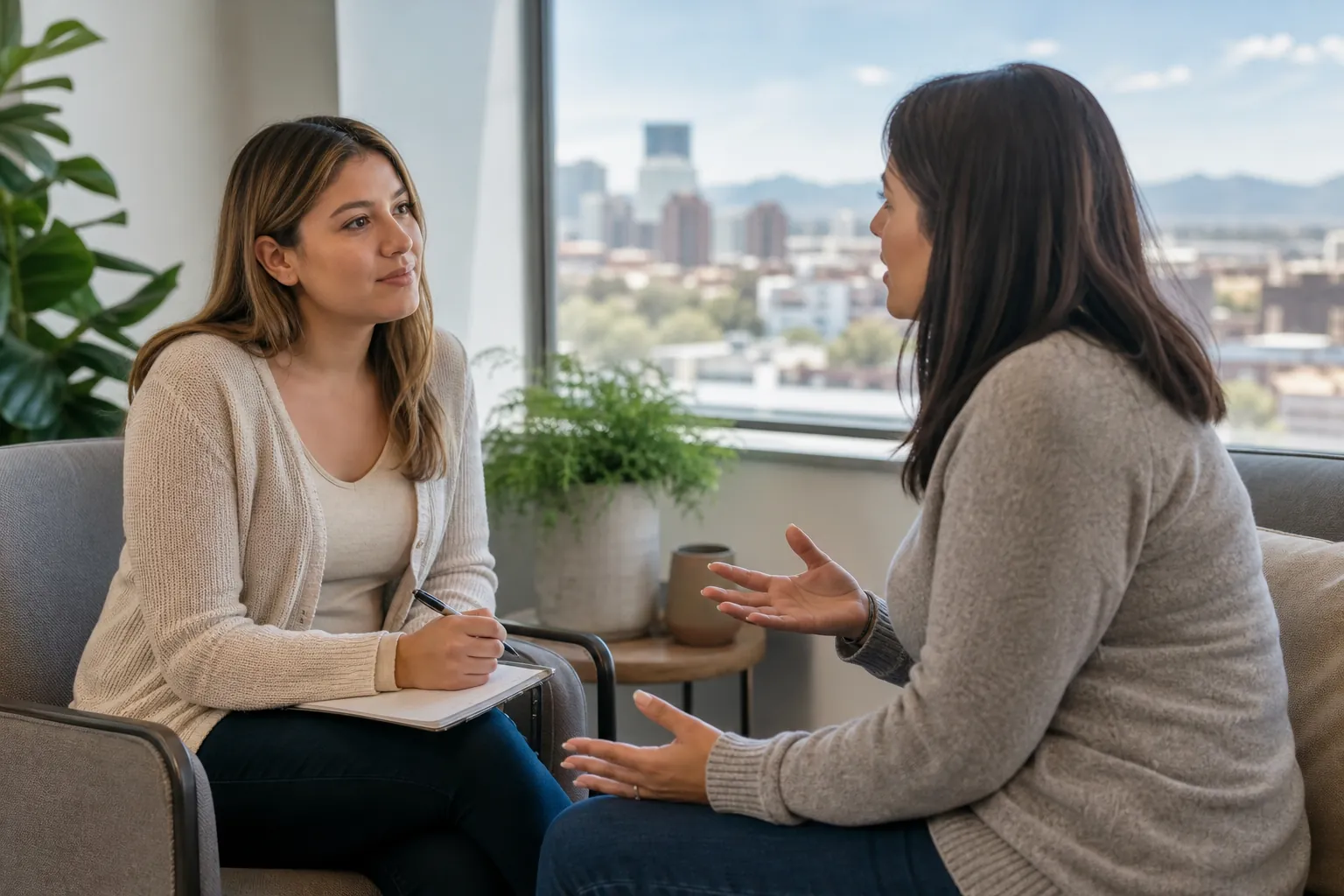 Two Women Talking in a Bright Counseling Office Two women sit facing each other in a bright office, one holding a pen and notepad while the other gestures as she speaks.