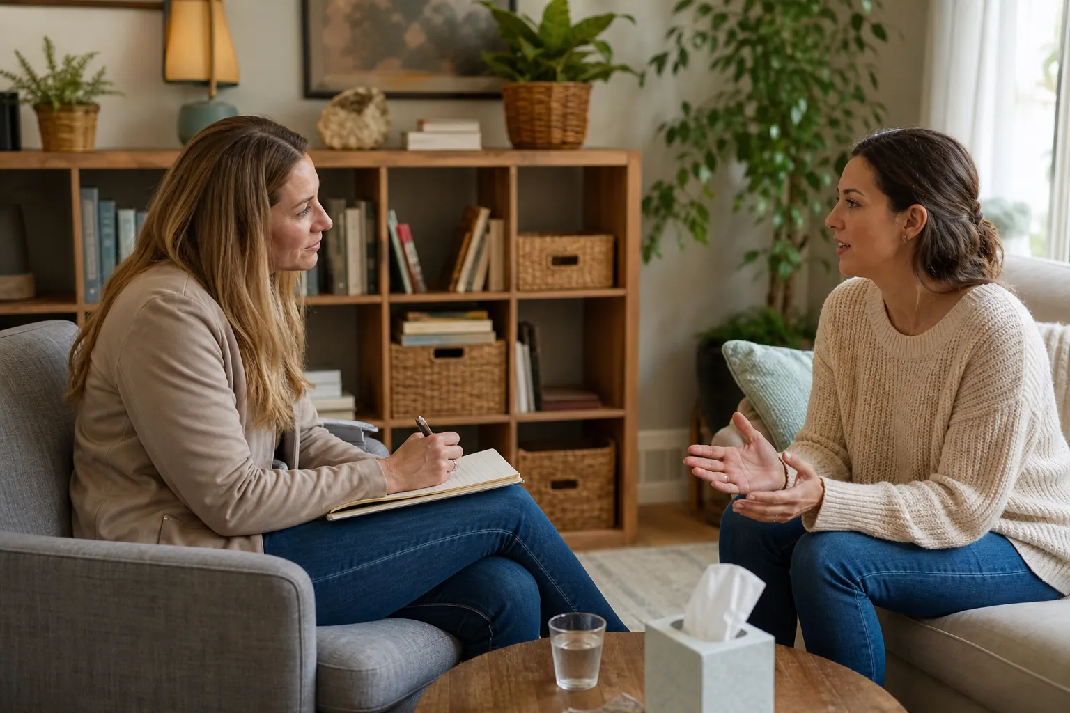 Two Women Talking in a Comfortable Counseling Office Two women sit facing each other in a cozy counseling office, one holding a pen and notebook as the other gestures.