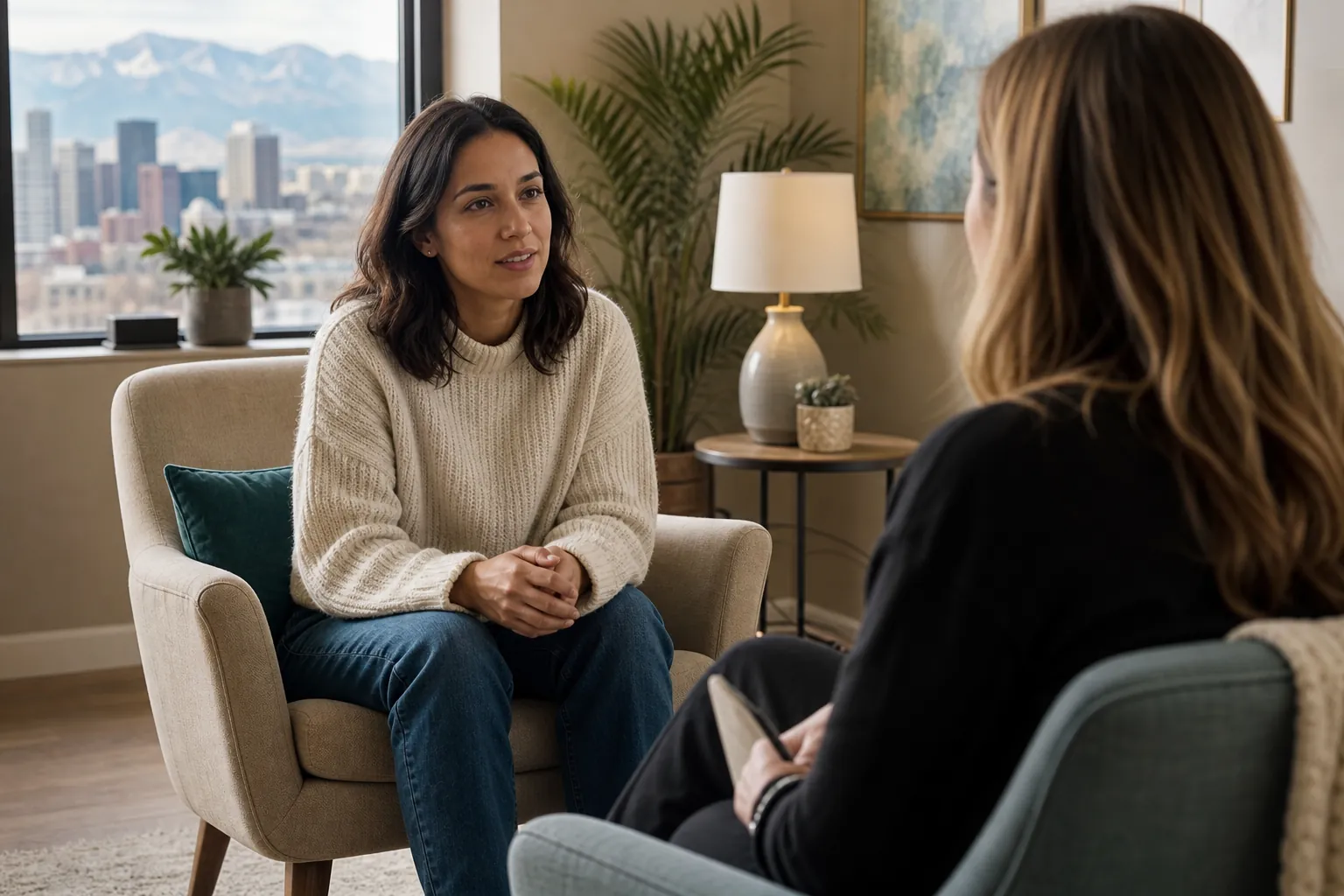 Women Talking in a Counseling Office Two women sit facing each other in a counseling office, with a notebook, plants, and a city and mountain view.
