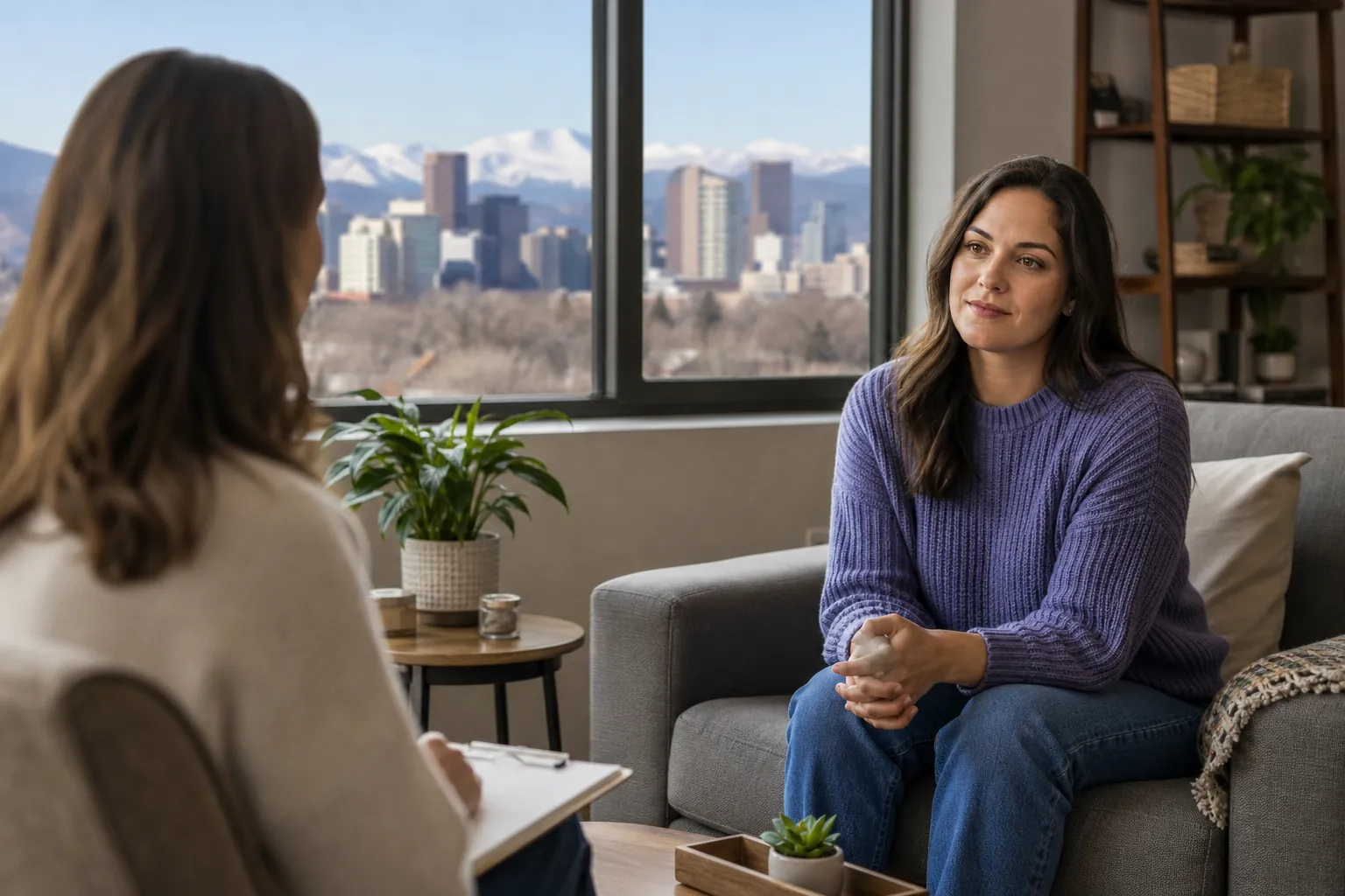 Women Talking in a Counseling Office With Mountain Views A woman in a purple sweater sits opposite a woman holding a clipboard, with a city skyline and snowy mountains outside.