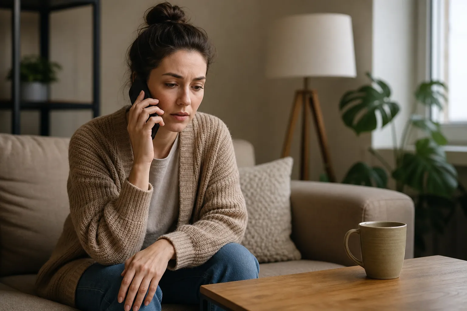 Concerned Woman Making a Phone Call at Home A concerned woman sits on a beige sofa holding a phone to her ear, with a mug on the wooden coffee table nearby.