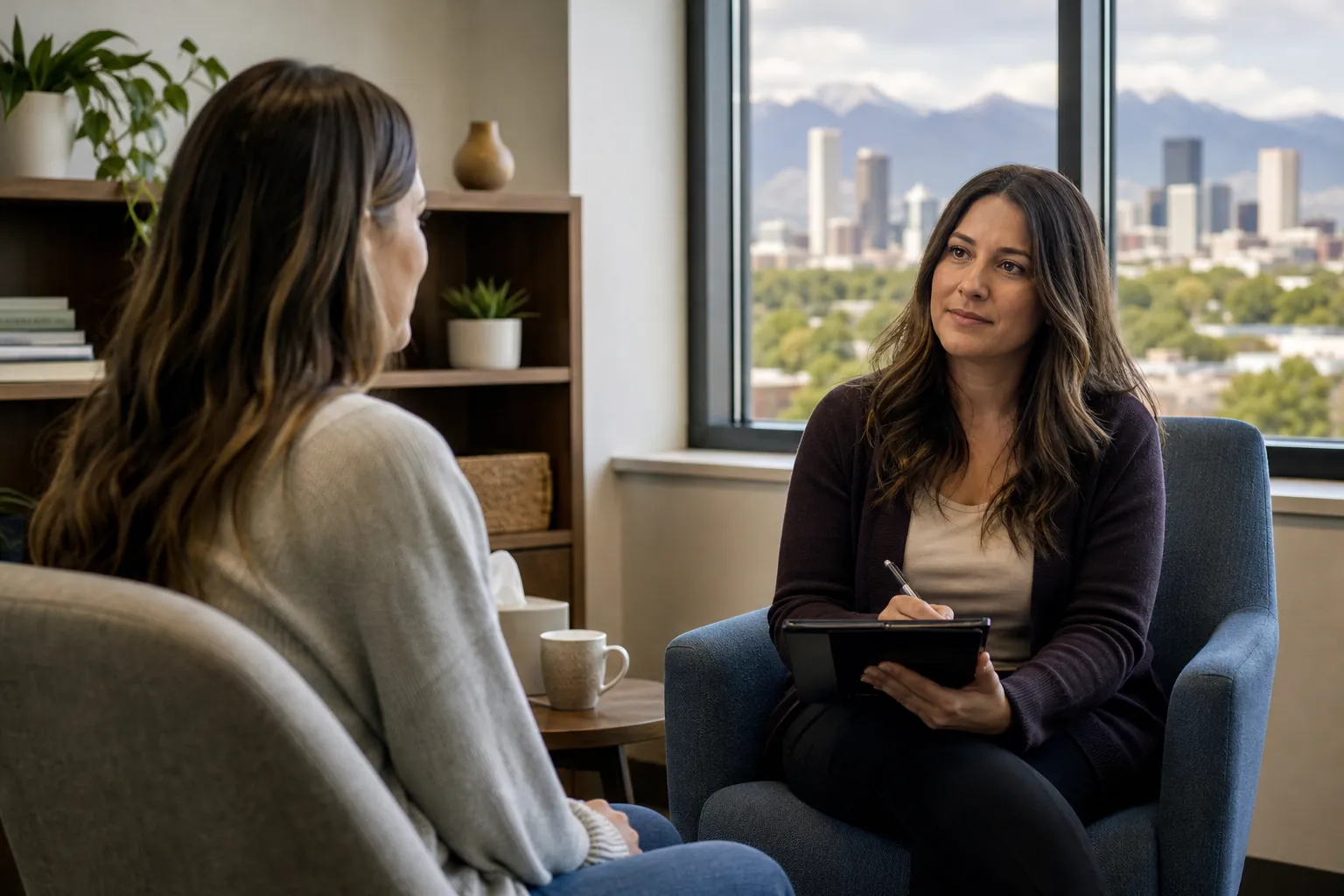 Women Talking in an Office With Mountain Views Two women sit facing each other in an office, one holding a pen and tablet, with a city skyline and mountains outside.