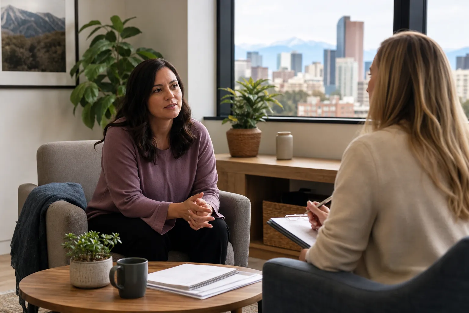 Two Women in an Office Consultation Two women sit facing each other in an office, one holding a pen and clipboard, with notebooks on a coffee table.