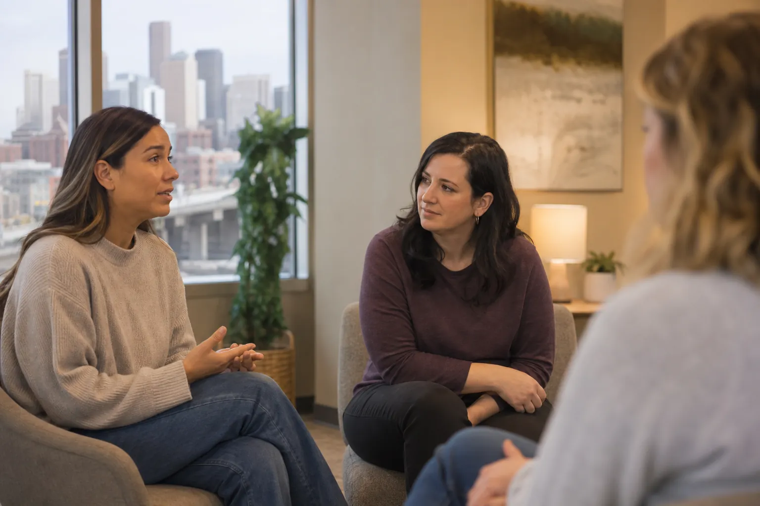 Three Women in a Seated Group Discussion Three women sit in a small discussion circle in a warmly lit room, with a city skyline visible through a large window.