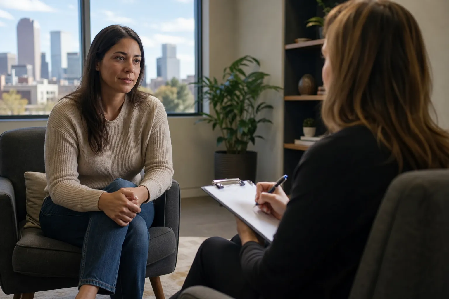 Woman Meeting With a Counselor for an Assessment A woman sits with her hands clasped across from a counselor holding a pen and clipboard in a sunlit office.