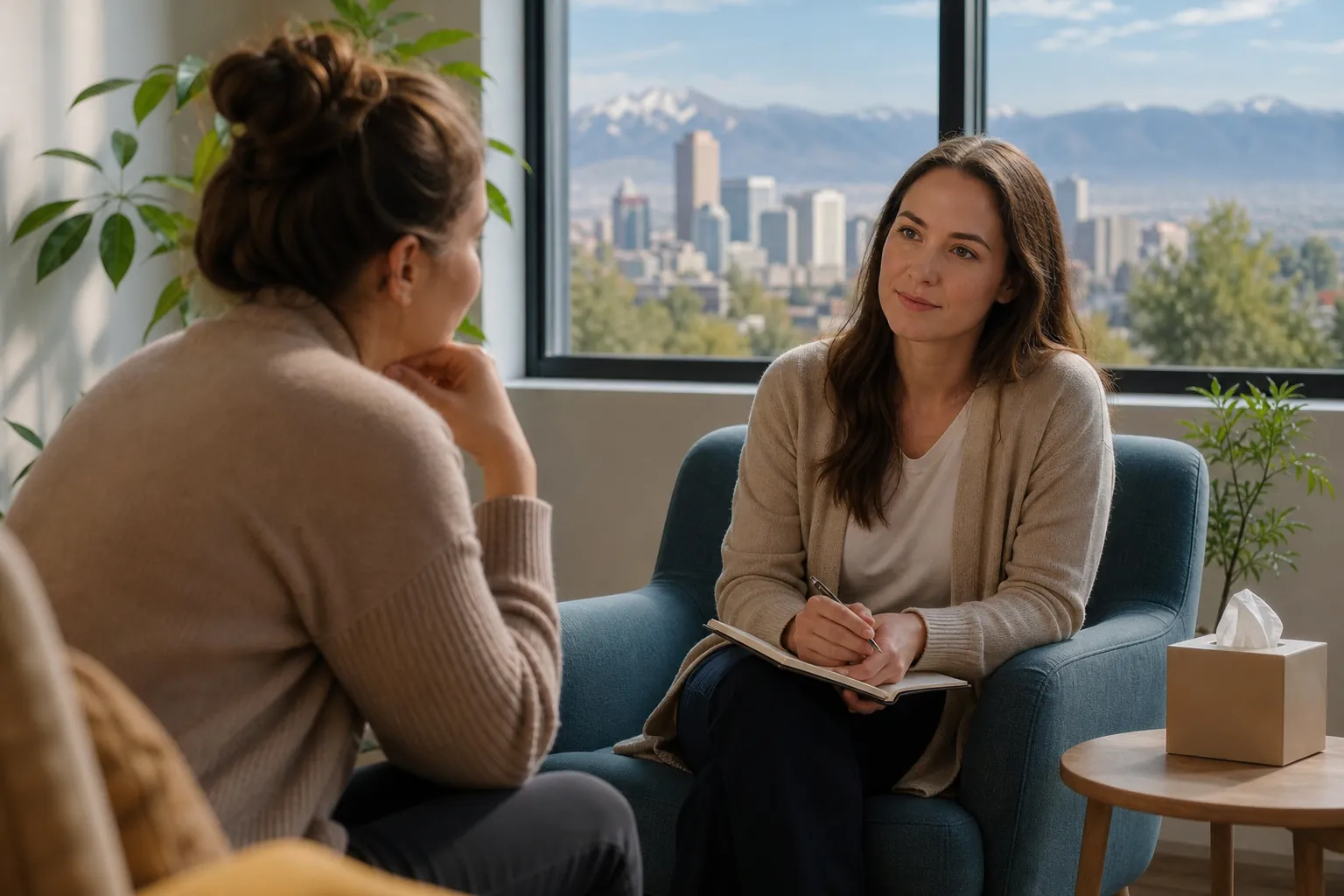 Women in an Office Counseling Conversation Two women sit facing each other in an office, one holding a pen and notebook, with a city skyline and mountains outside.
