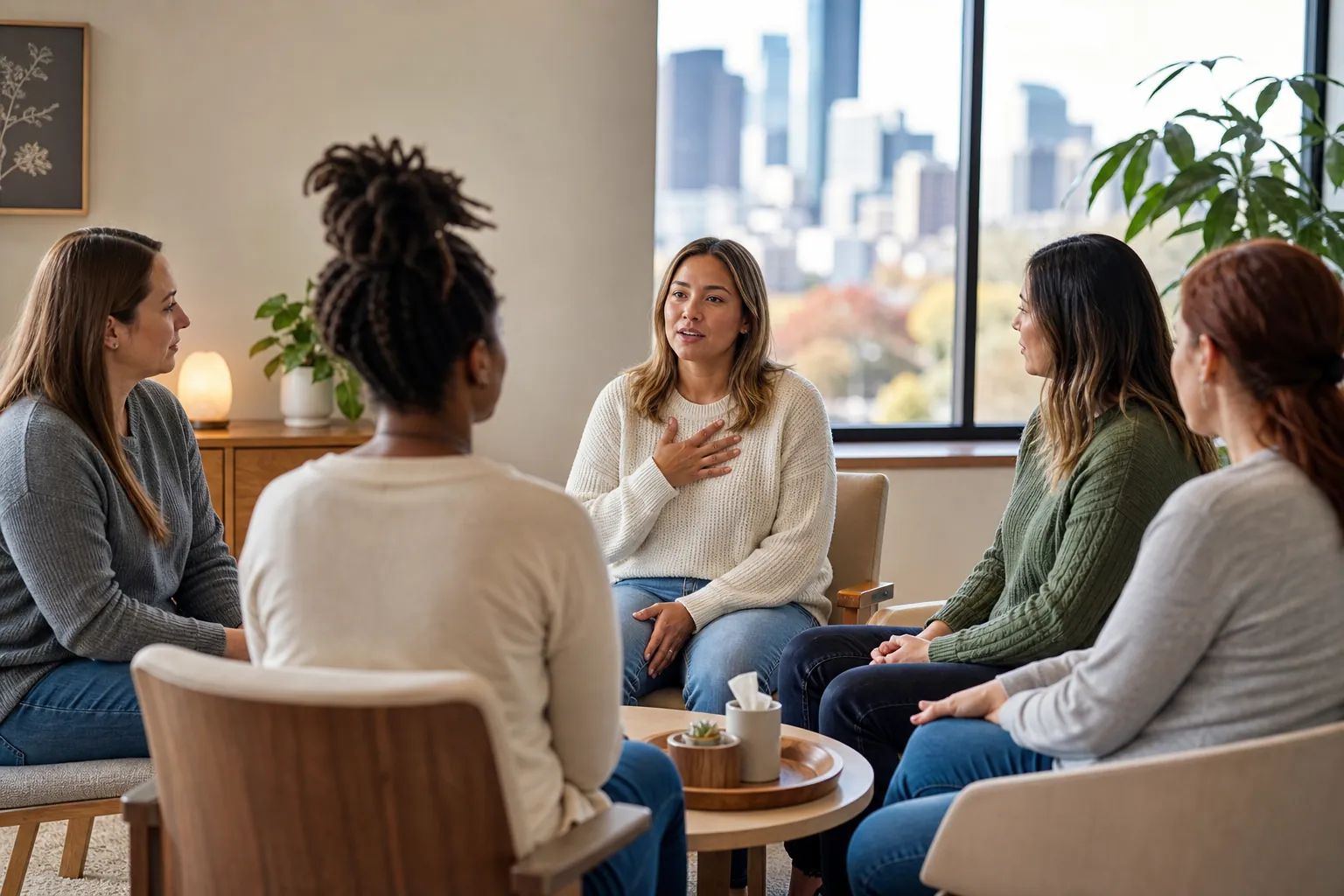 Women Sharing in a Support Group Setting Five women sit in a circle in a bright room, listening as one woman speaks with a hand on her chest, with a city skyline outside.