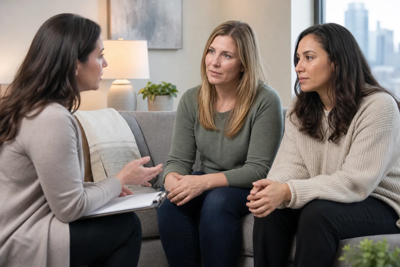 Two Women Speaking With a Care Provider A woman with a clipboard gestures while speaking with two women seated together on a gray sofa in an office.