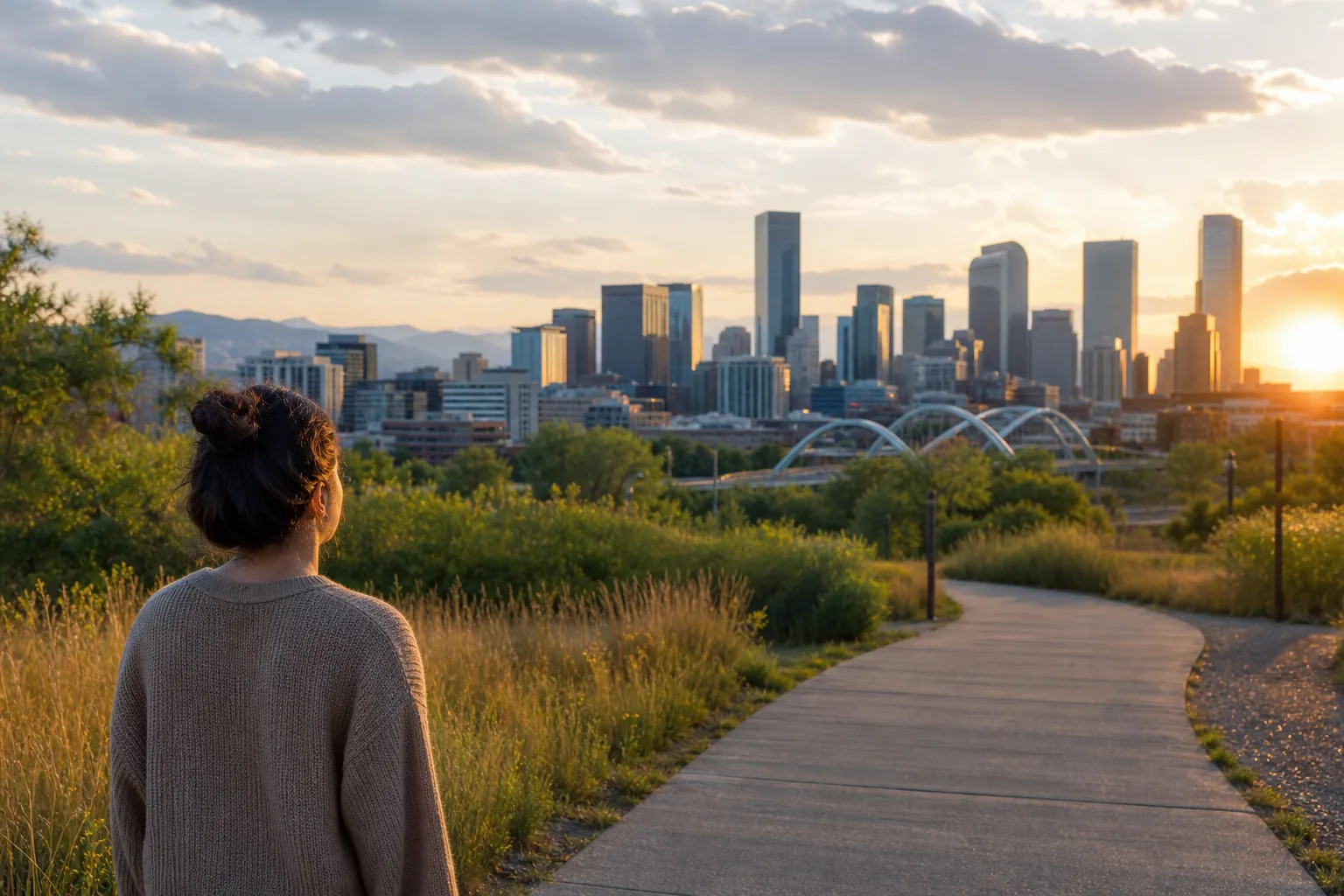 Woman Overlooking the Denver Skyline at Sunset A woman in a gray sweater stands beside a winding park path, looking toward the Denver skyline at sunset.