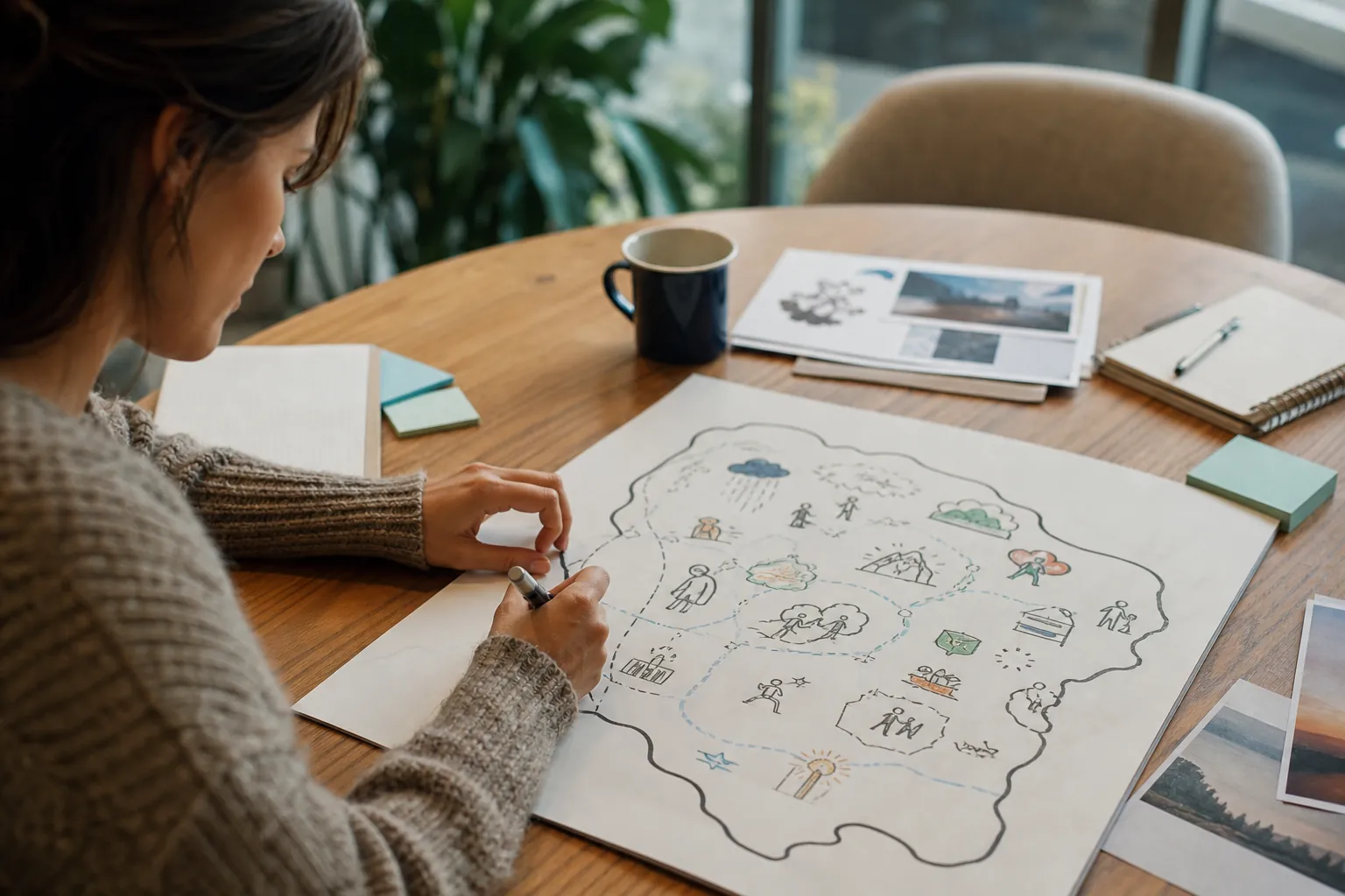 Woman Drawing an Illustrated Map at a Wooden Table A woman draws an illustrated map with dotted paths on a large sheet at a wooden table with a mug, notebooks, and photographs.