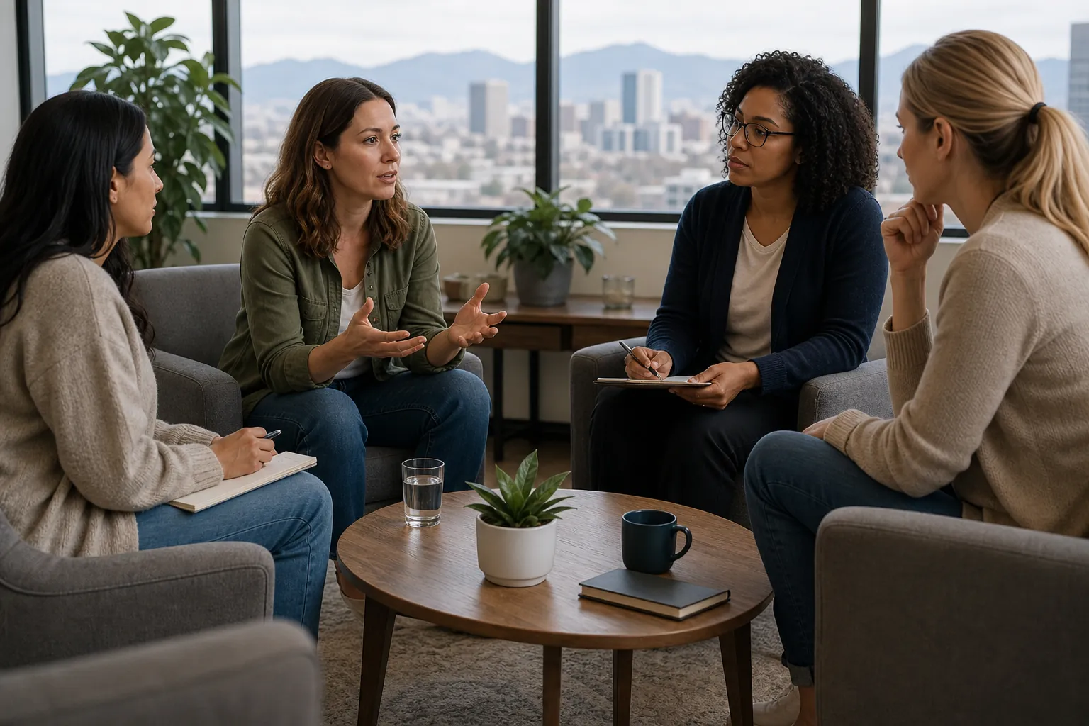 Women Sharing and Taking Notes in a Counseling Circle Four women sit in a counseling circle, one gesturing as others listen and take notes, with city and mountain views behind them.