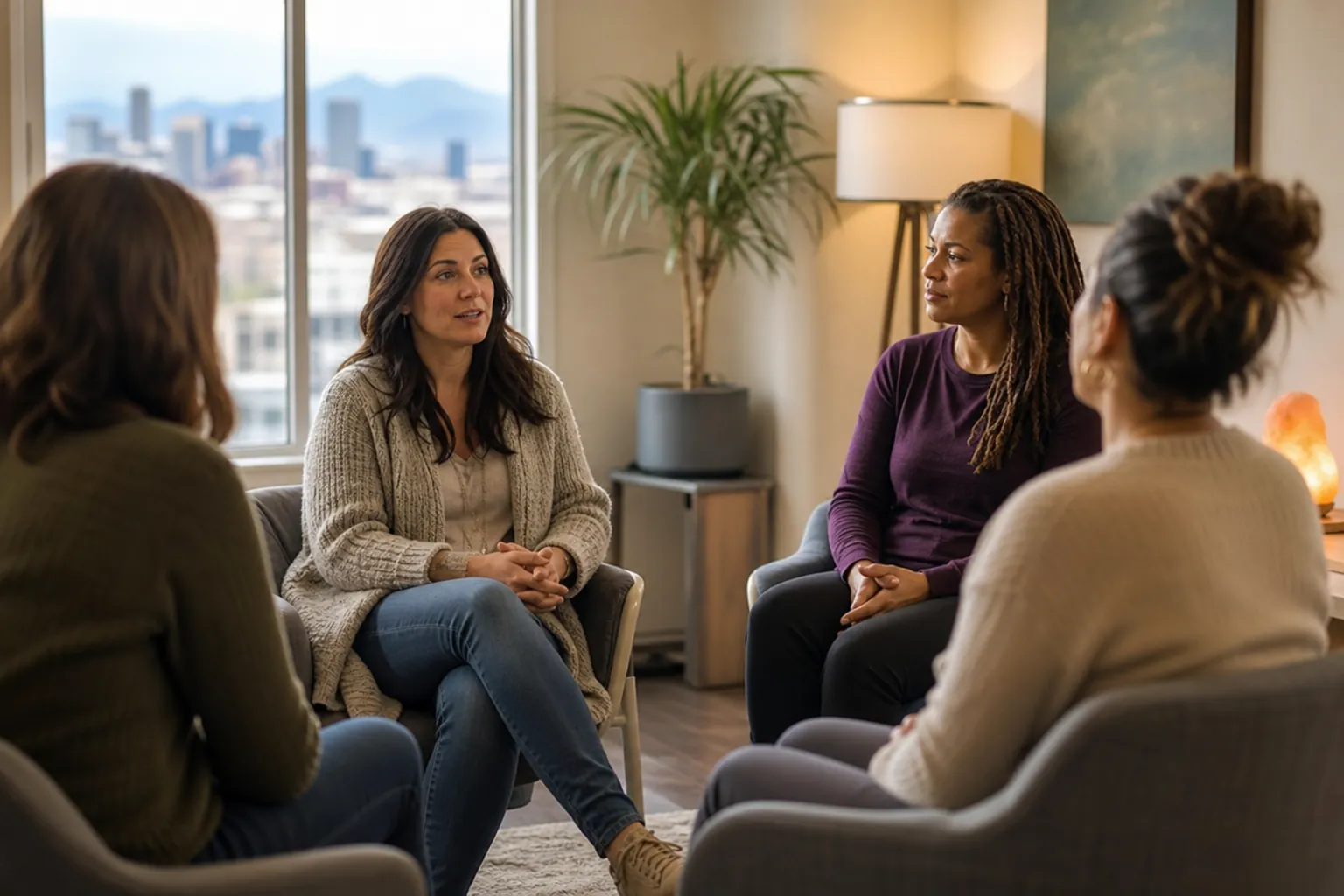 Women Seated in a Support Group Discussion Four women sit in a circle in a bright room with plants, a floor lamp, and city and mountain views through large windows.