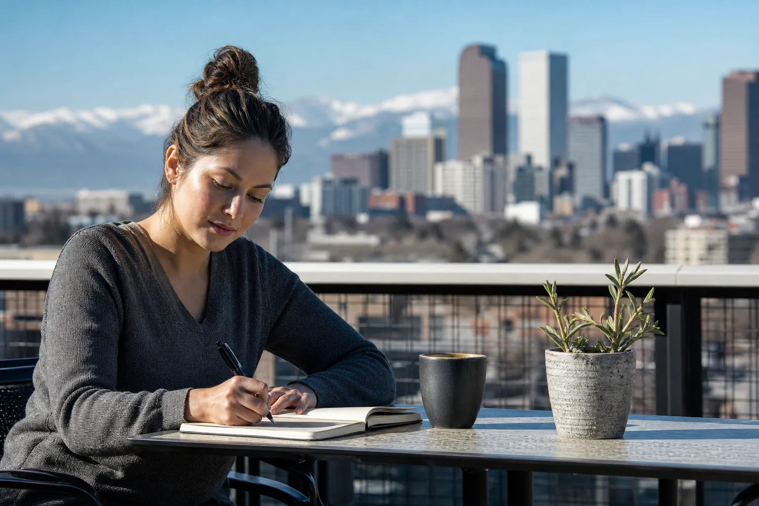 Woman Writing With Denver Skyline in the Background A woman writes in a notebook at an outdoor table with a mug and potted plant, overlooking Denver and snowy mountains.