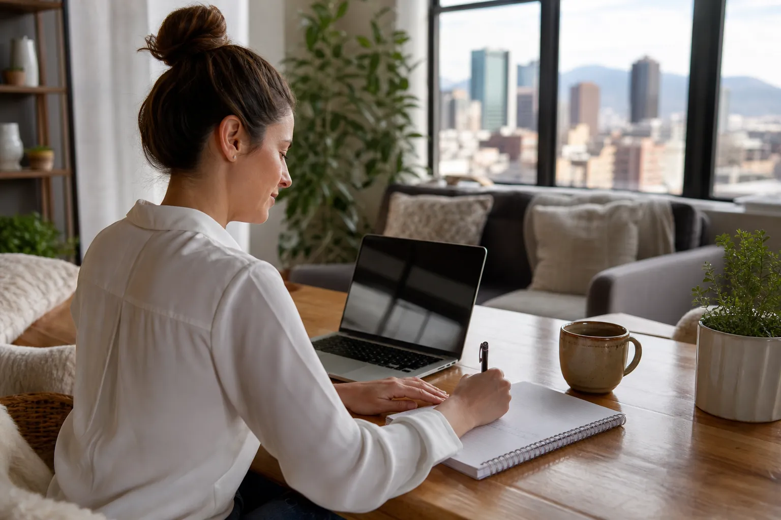 Woman With Notebook and Laptop at a Wooden Table A woman holds a pen over a spiral notebook beside an open laptop and mug, with city buildings visible through large windows.