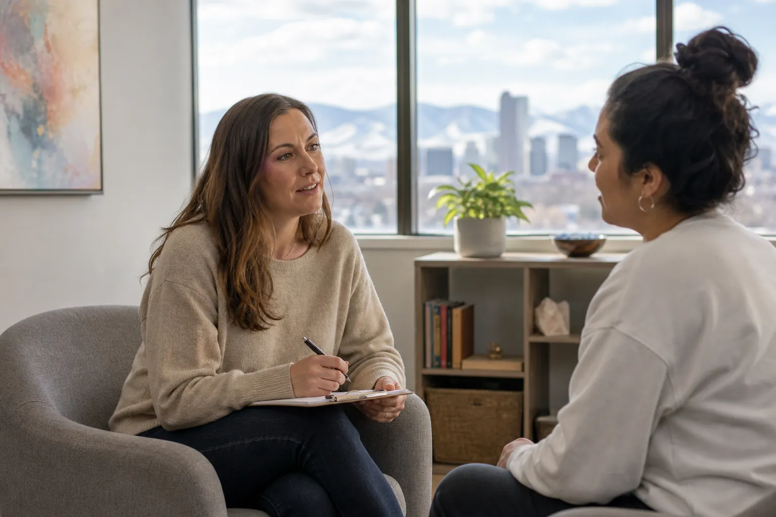 Two Women in an Office Counseling Session Two women sit facing each other in an office, one holding a pen and clipboard, with mountains visible through the windows.