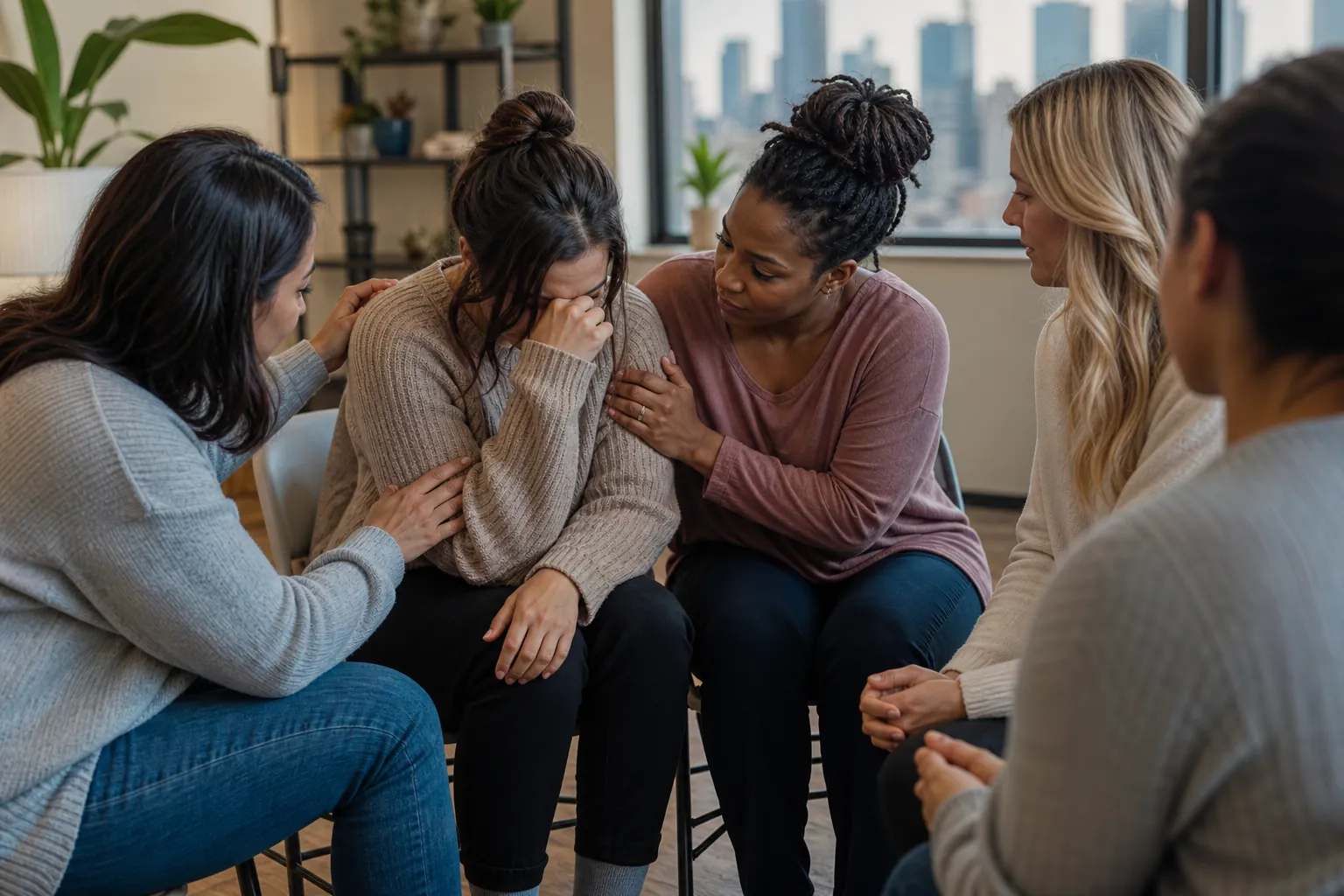 Women Comforting a Distressed Woman in a Support Circle Five women sit in a circle as two comfort a woman covering her face, resting their hands on her shoulder and arms.