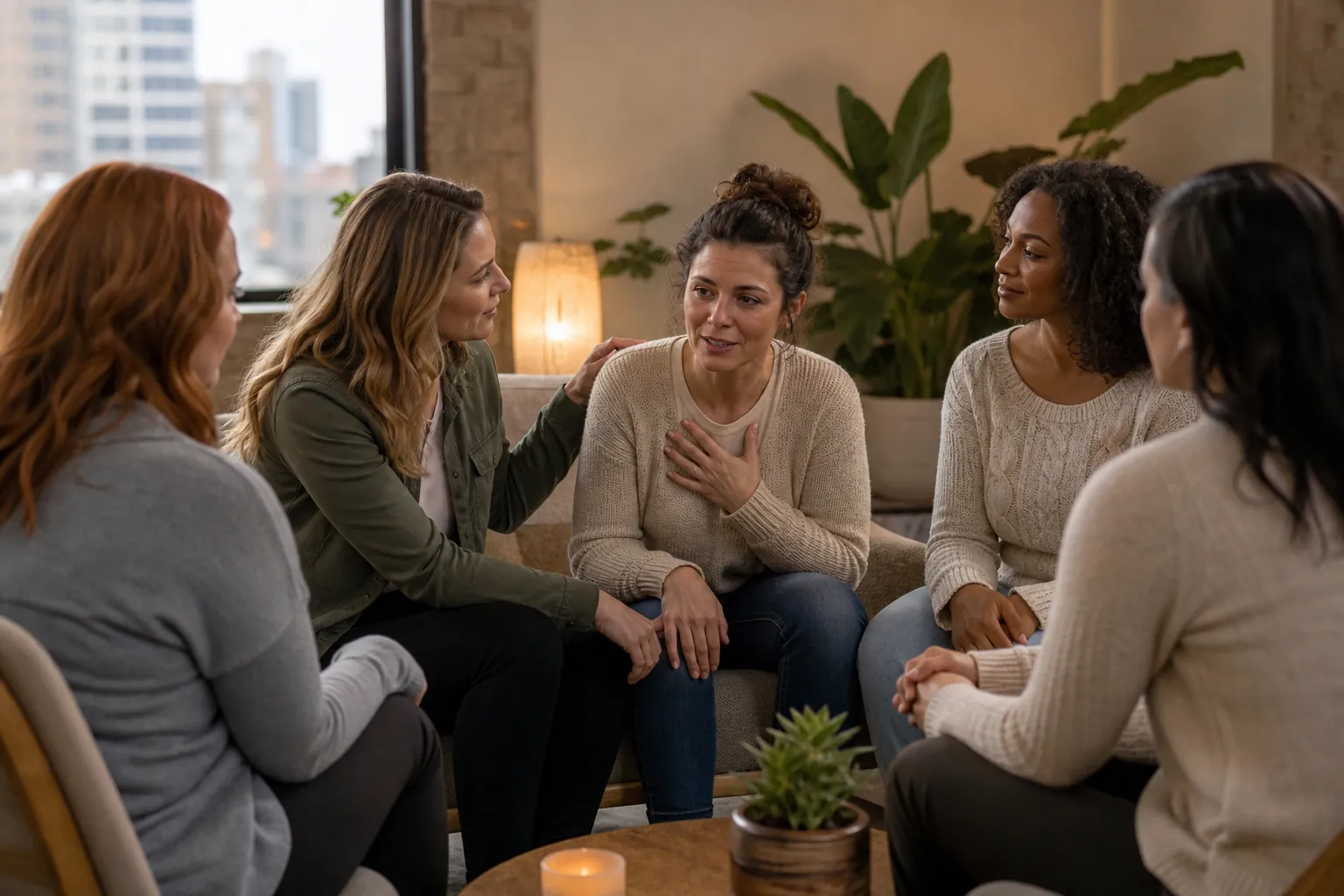 Women Sharing Support in a Group Conversation Five women sit in a supportive circle as one speaks with a hand on her chest and another rests a hand on her shoulder.