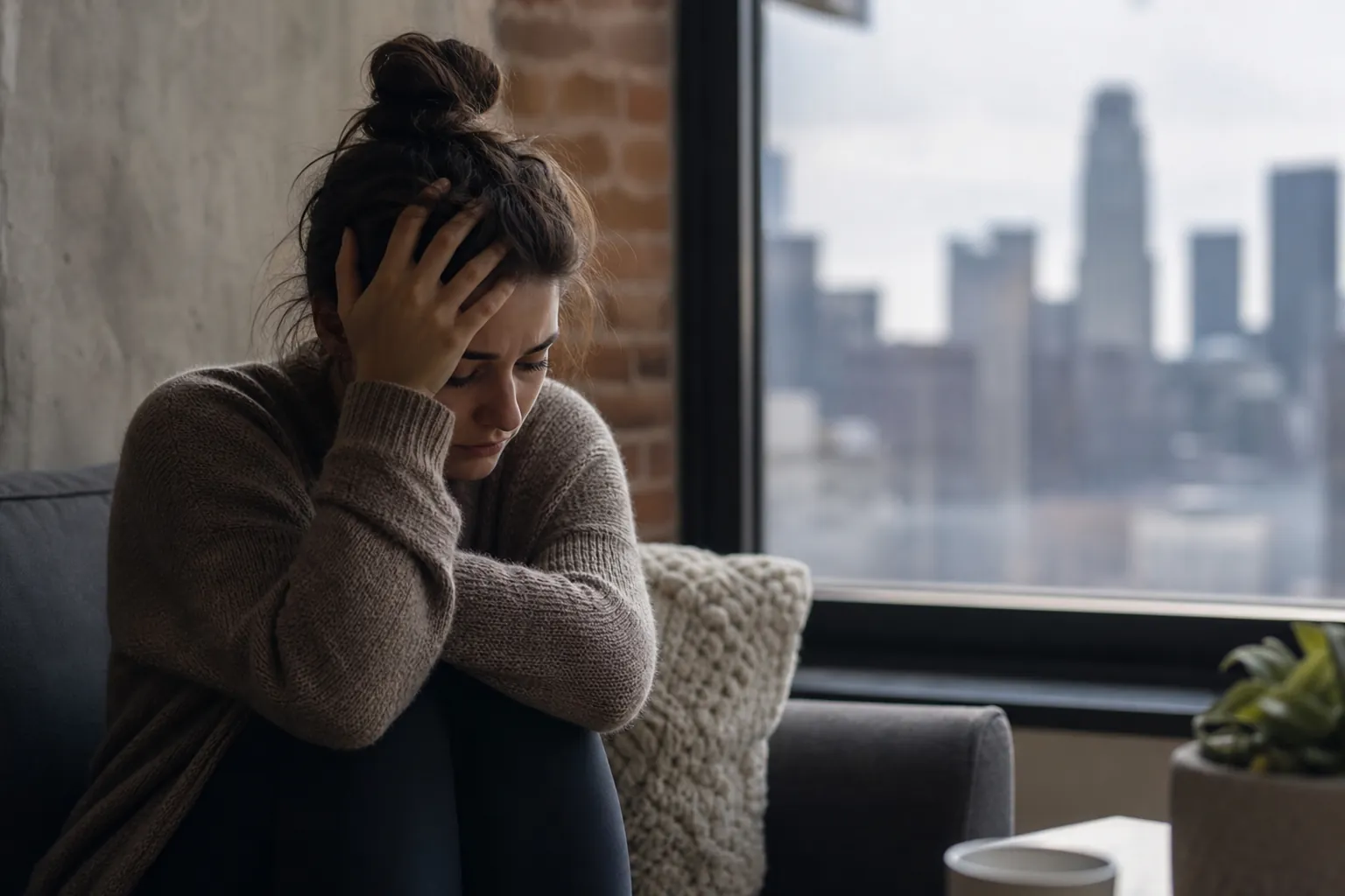 Woman Sitting Alone With Her Head in Her Hand A woman sits curled up on a sofa, looking down with one hand against her head beside a window overlooking a city.