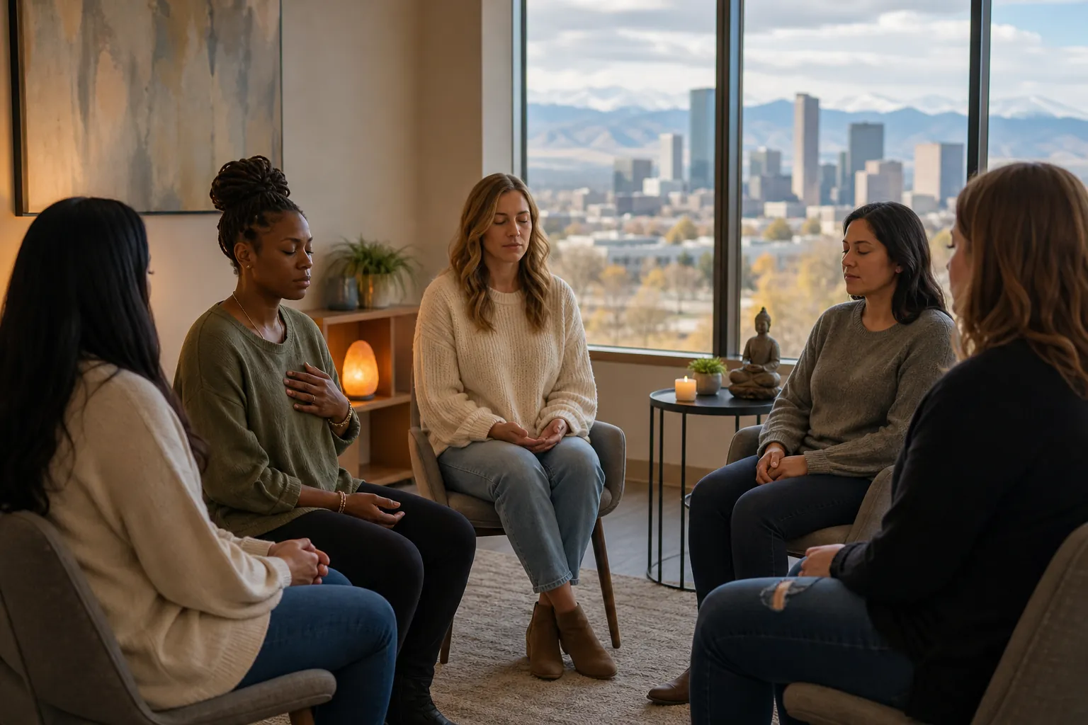 Women's Meditation Circle With City and Mountain Views Five women sit in a meditation circle beside candles and a Buddha statue, with a city skyline and mountains beyond large windows.