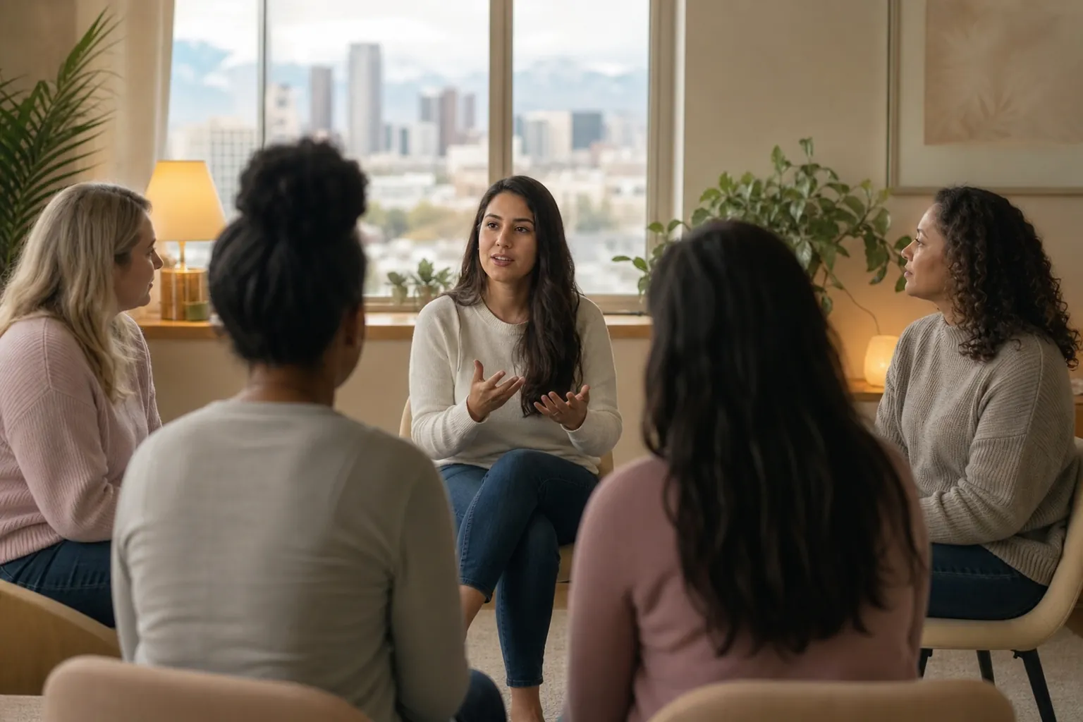 Women Sharing in a Small Group Discussion Five women sit in a circle in a bright room as the woman in the center gestures while speaking to the group.