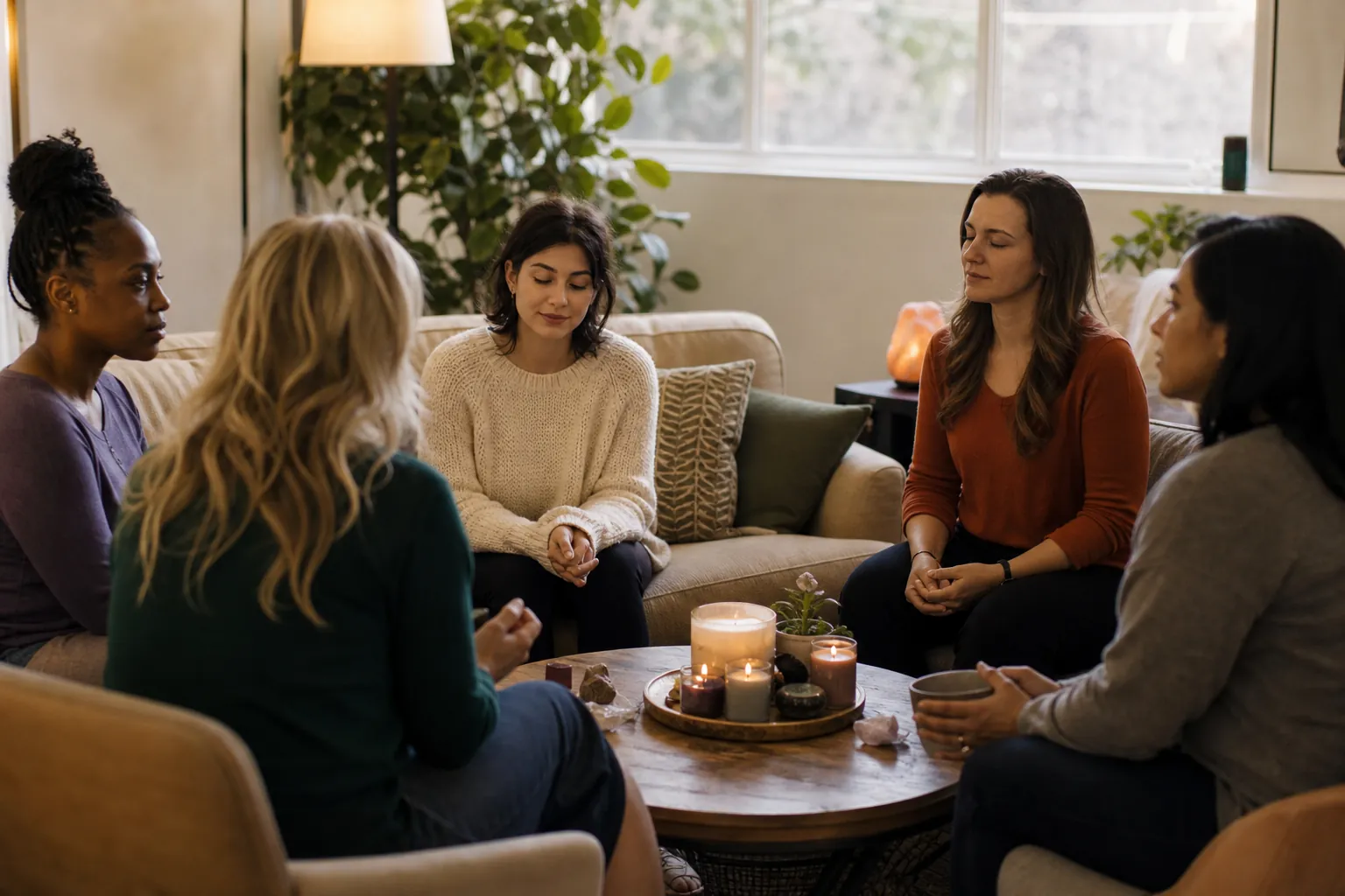 Women Gather for Quiet Reflection in a Candlelit Room Five women sit in a circle around a table with candles and crystals in a softly lit room, some with eyes closed.