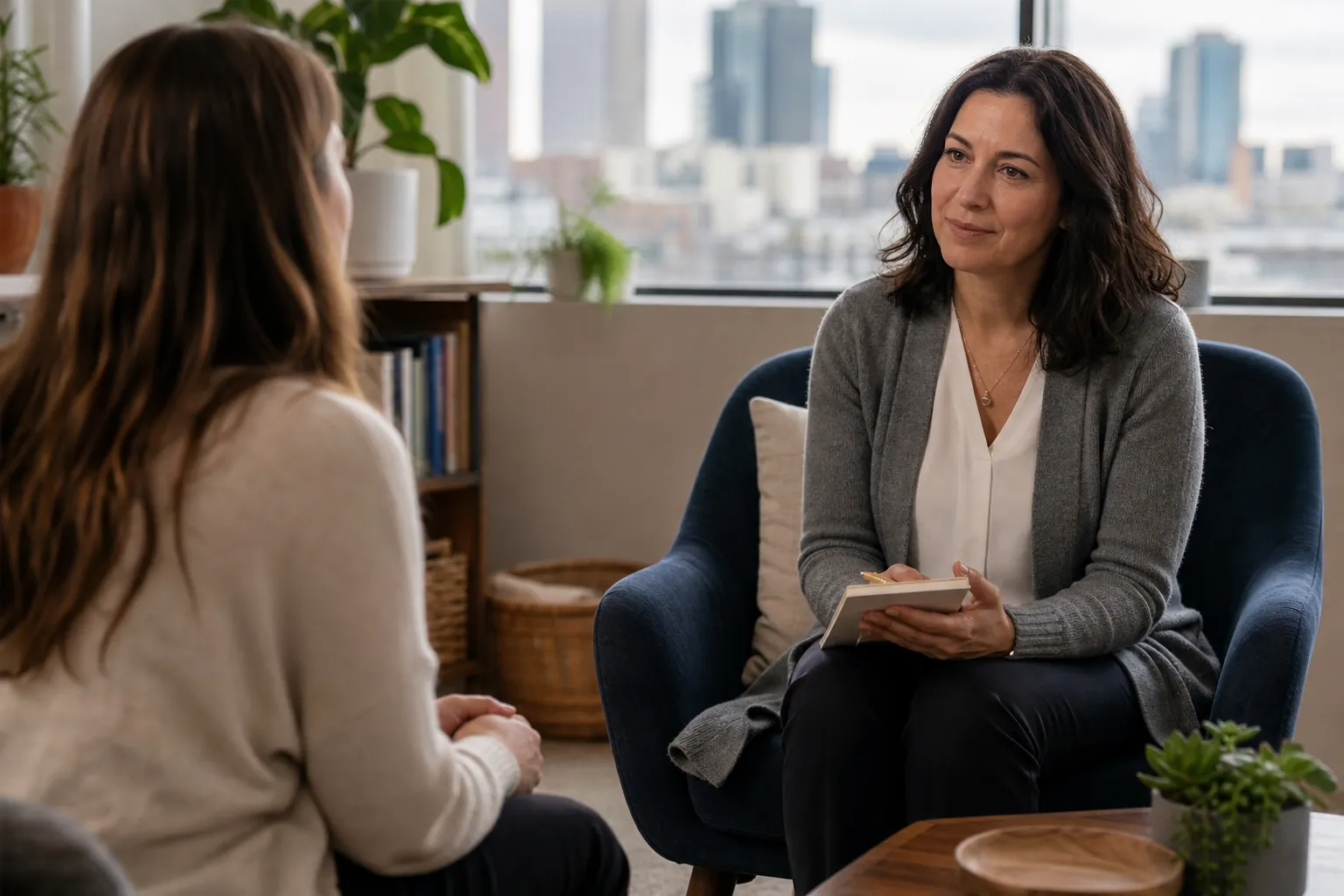 Two women sit facing each other in a bright office, one holding a notepad during an apparent counseling session.