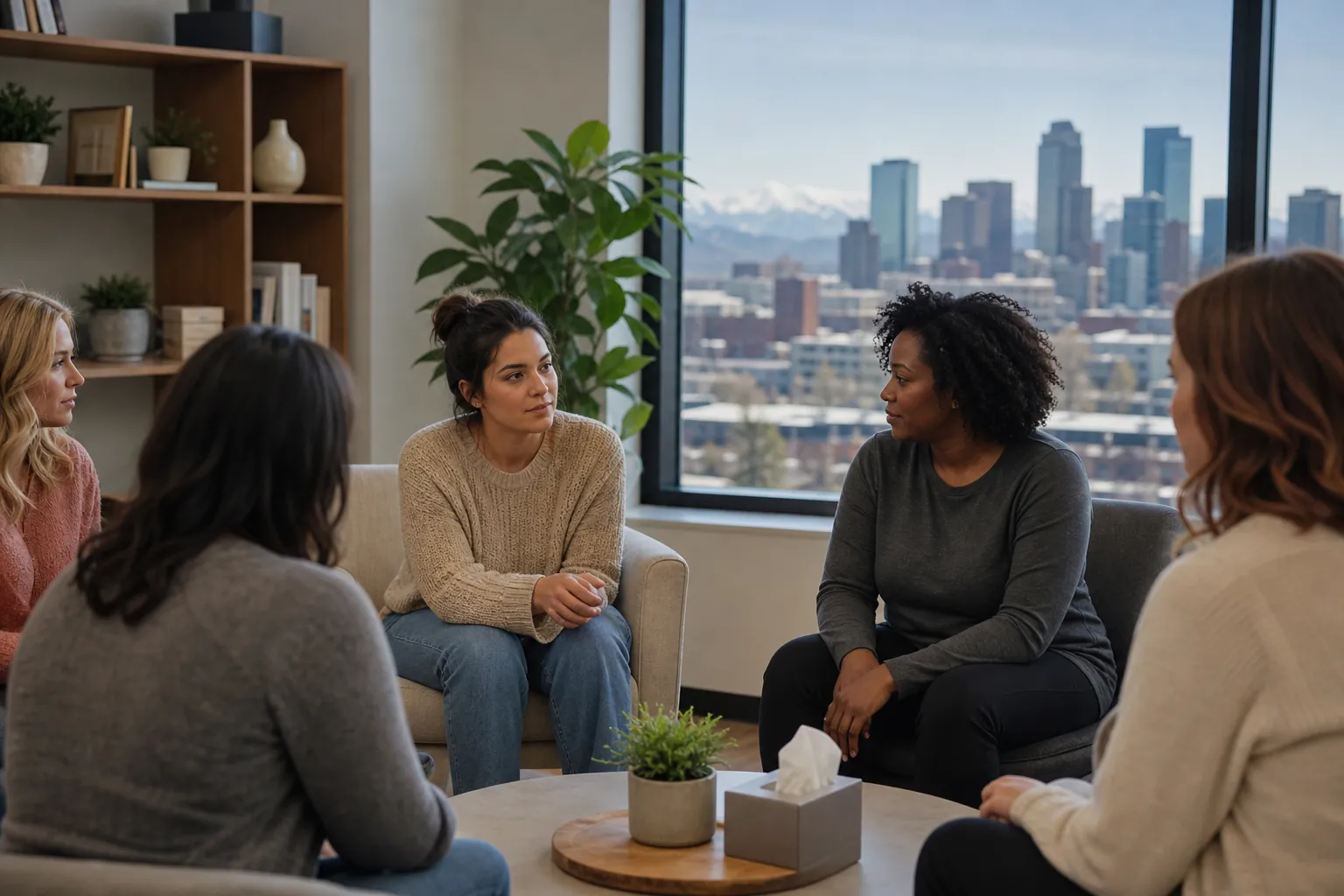 Five women sit in a circle in a bright counseling room, with tissues on a table and a city skyline beyond large windows.