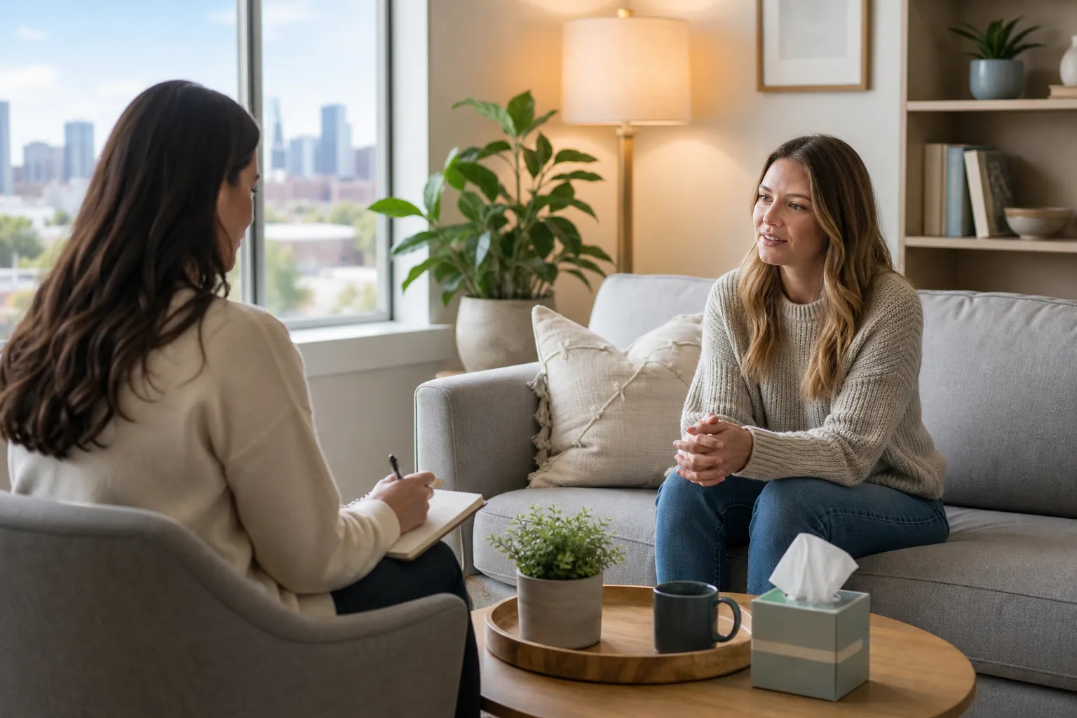 A woman sits on a gray sofa talking with a woman holding a notebook in a bright office with plants and a tissue box.