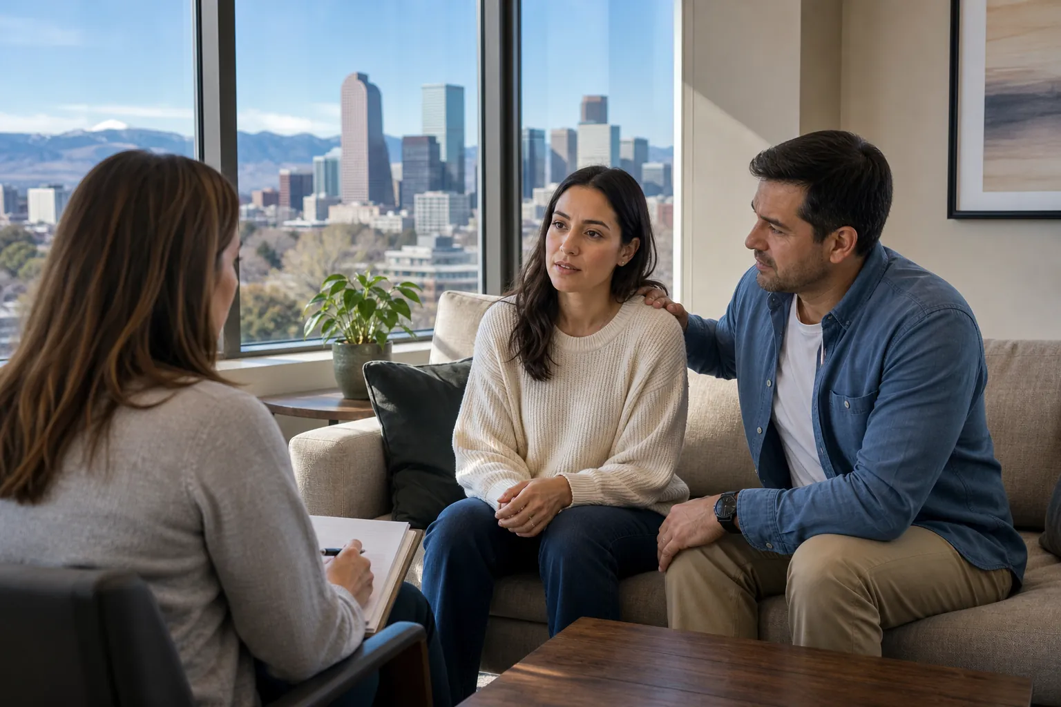Woman and Supportive Partner Meeting With a Counselor A woman meets with a counselor as her partner rests a hand on her shoulder, with Denver's skyline visible through large windows.
