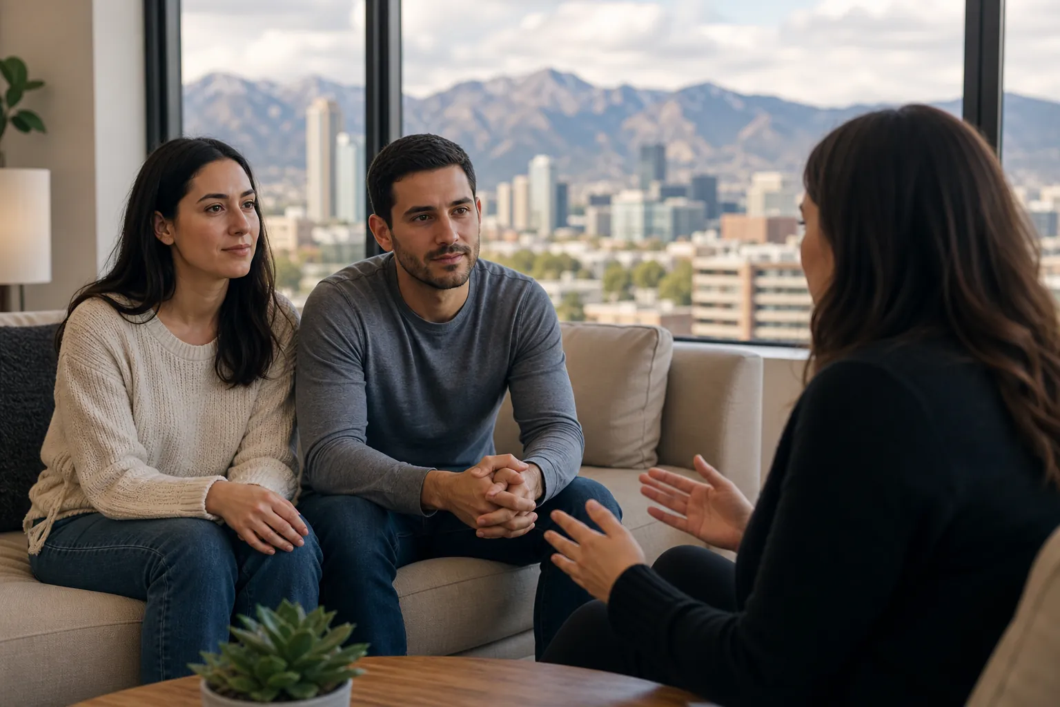 Couple Speaking With a Counselor in a Mountain-View Office A woman and man sit together on a sofa facing a gesturing counselor, with a city skyline and mountains outside the windows.