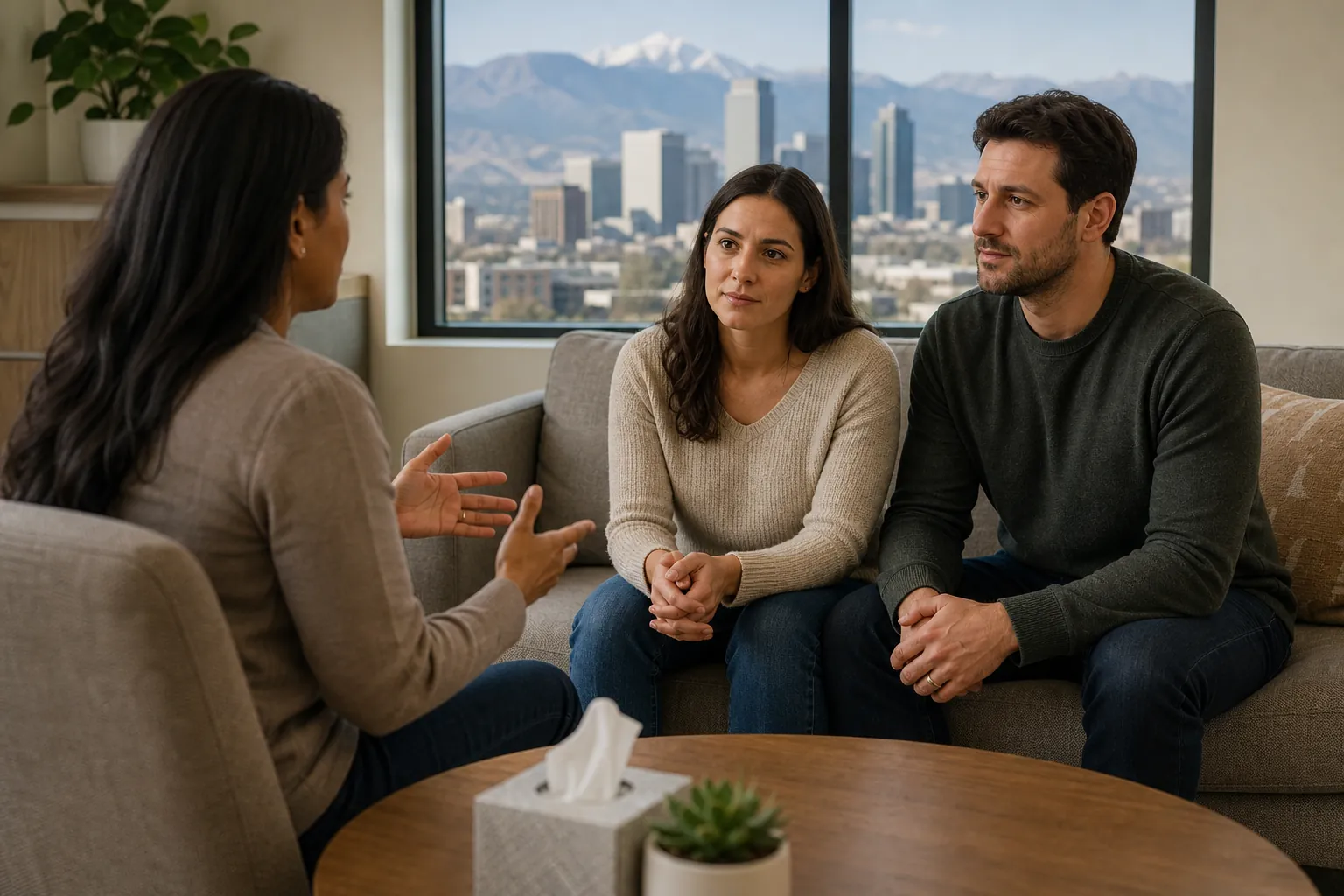 Couple Talking With a Woman in a Counseling Setting A woman and man sit together on a sofa facing a gesturing woman, with a city skyline and mountains beyond the window.