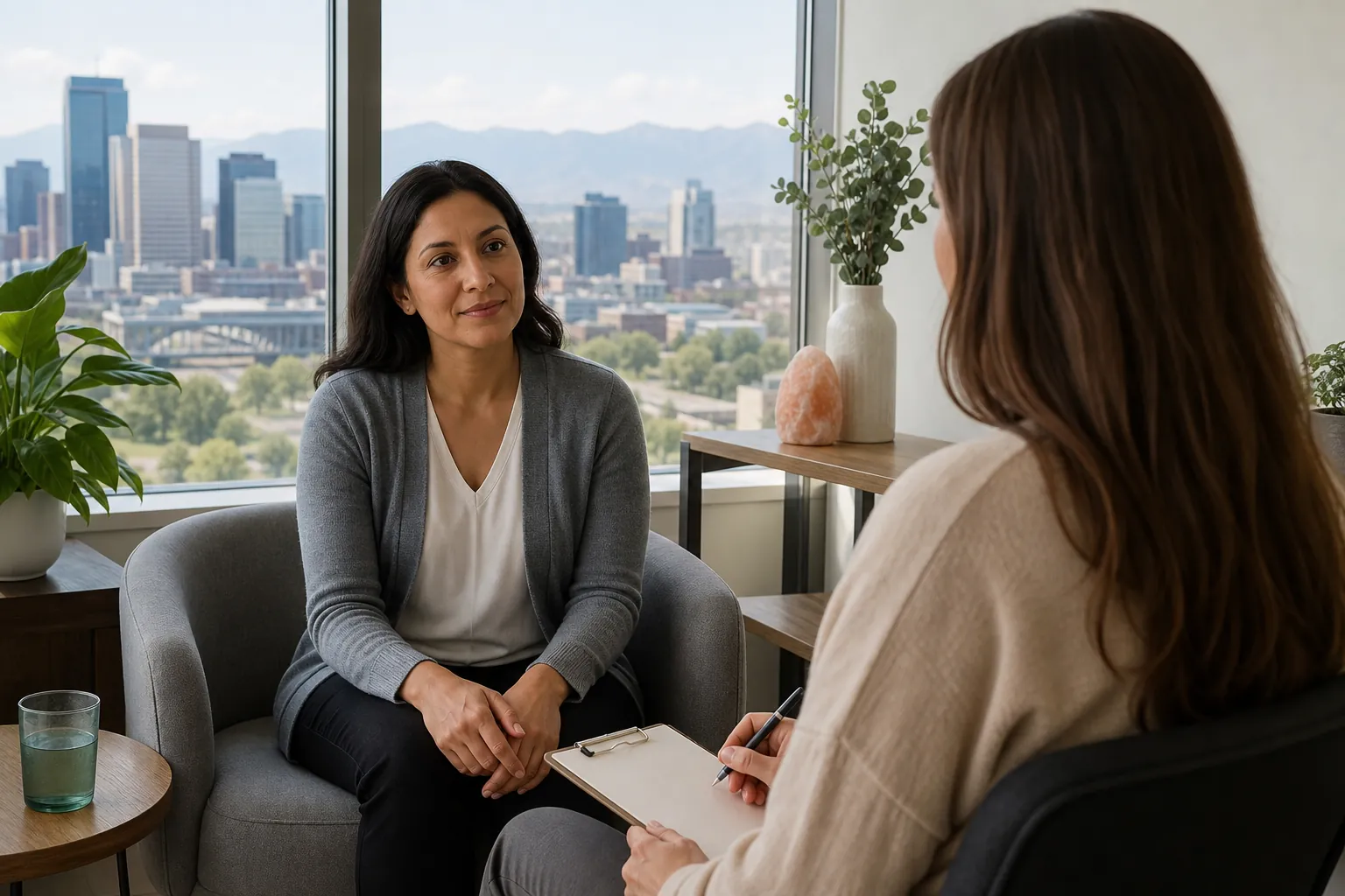 Women Meeting in an Office With City and Mountain Views Two women sit facing each other in an office, one holding a clipboard, with a city skyline and mountains beyond the windows.