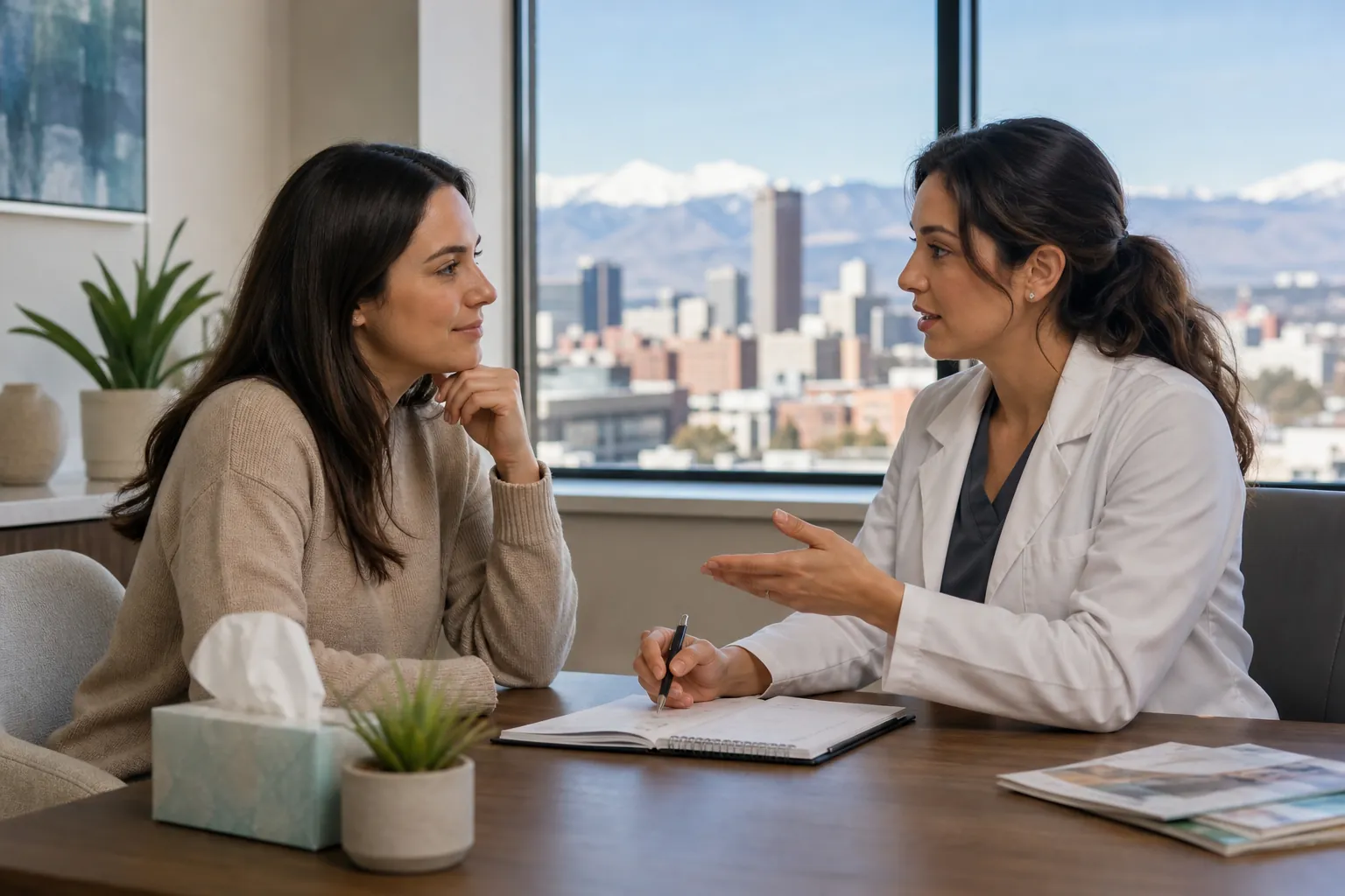 Woman Consulting a Clinician in an Office A woman listens to a female clinician holding a pen over an open notebook, with a city skyline and mountains outside.