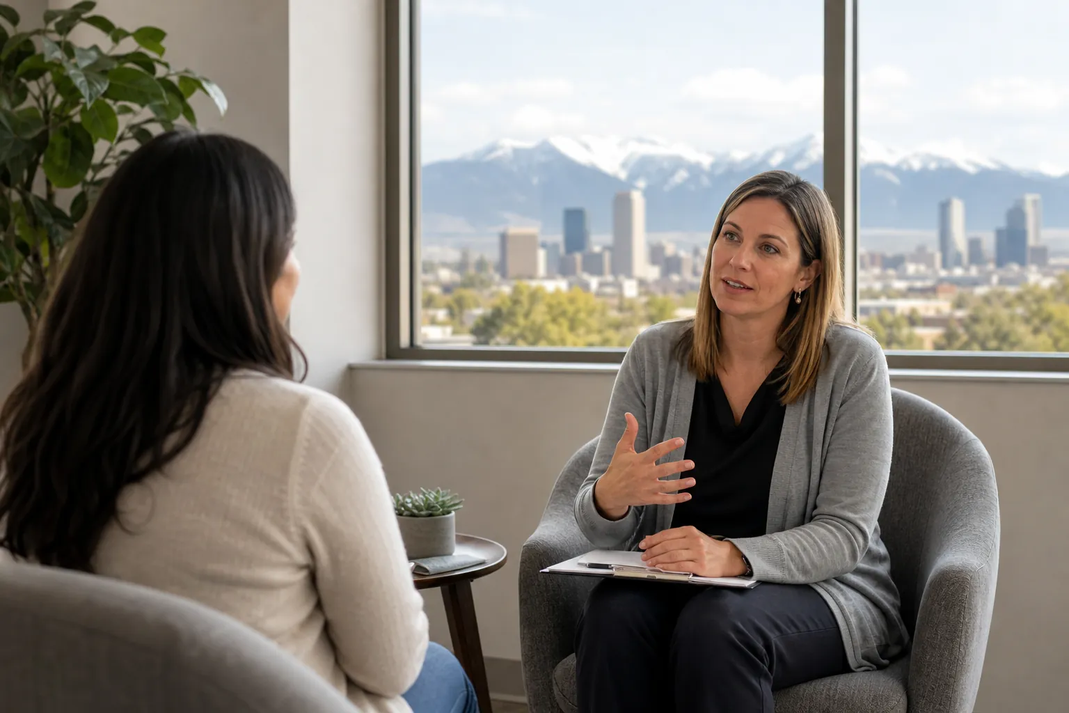 Two Women Talking in an Office With Mountain Views Two women sit facing each other in an office, one holding a clipboard, with a city skyline and snowy mountains outside.